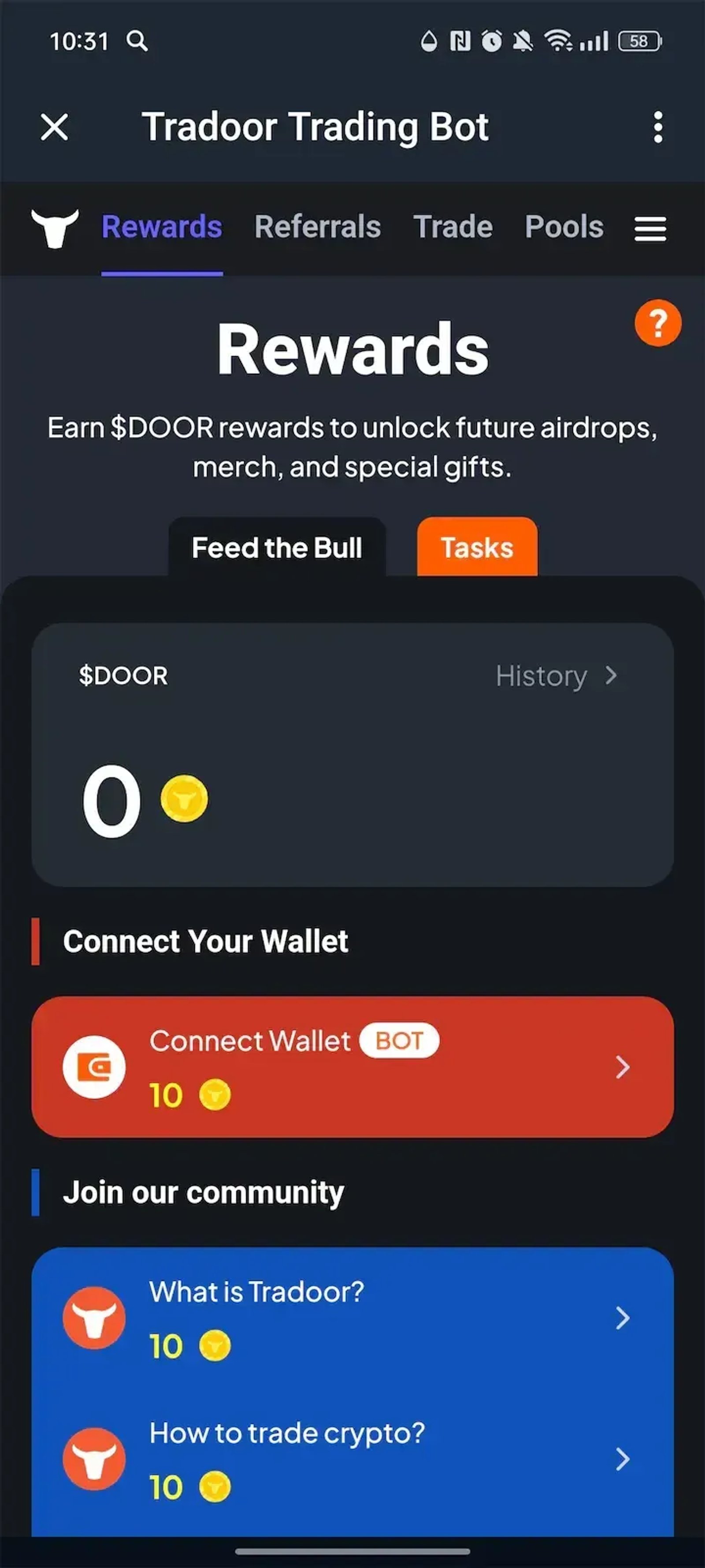 Tradoor Trading Bot в Телеграм — скриншот 1