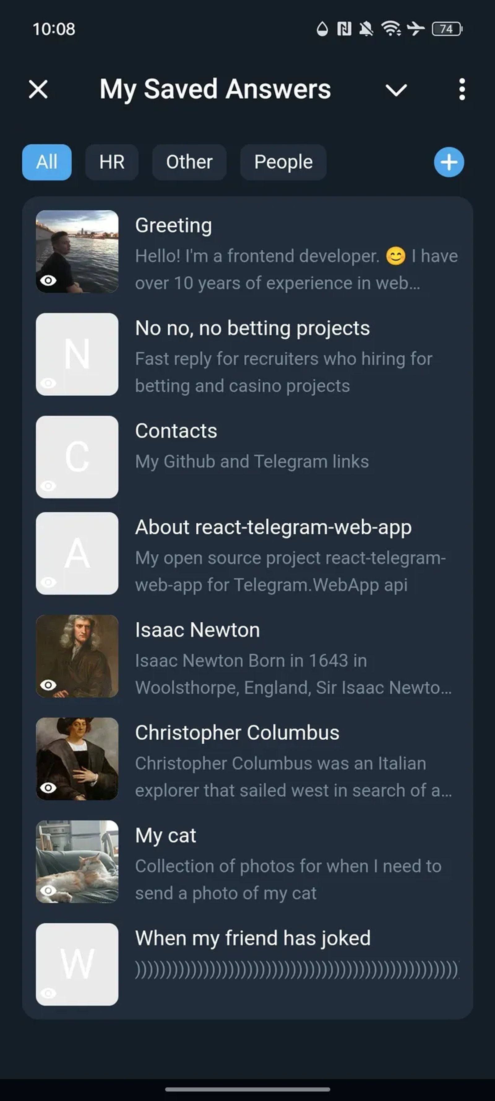 My Saved Answers Telegram Screenshot 1
