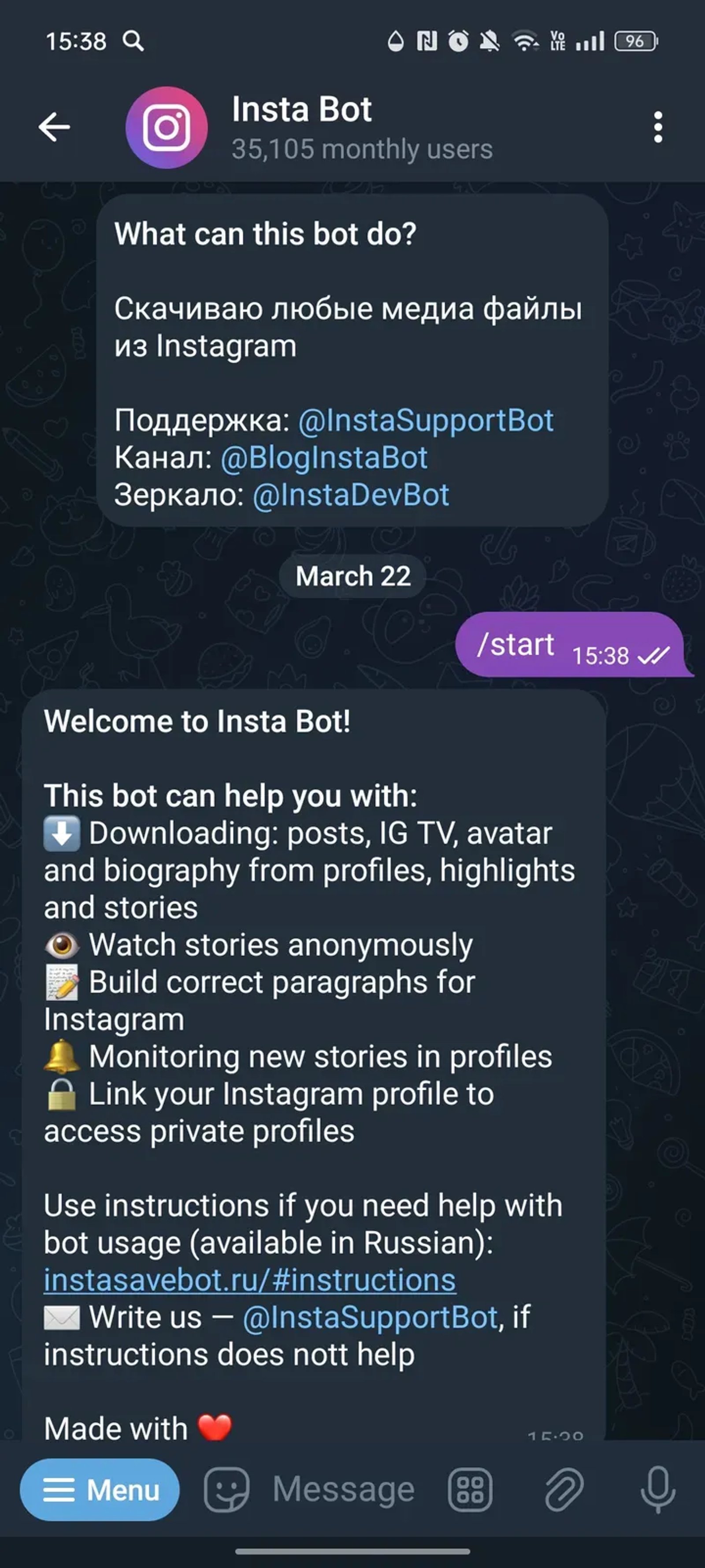 Insta Bot в Телеграм — скриншот 1