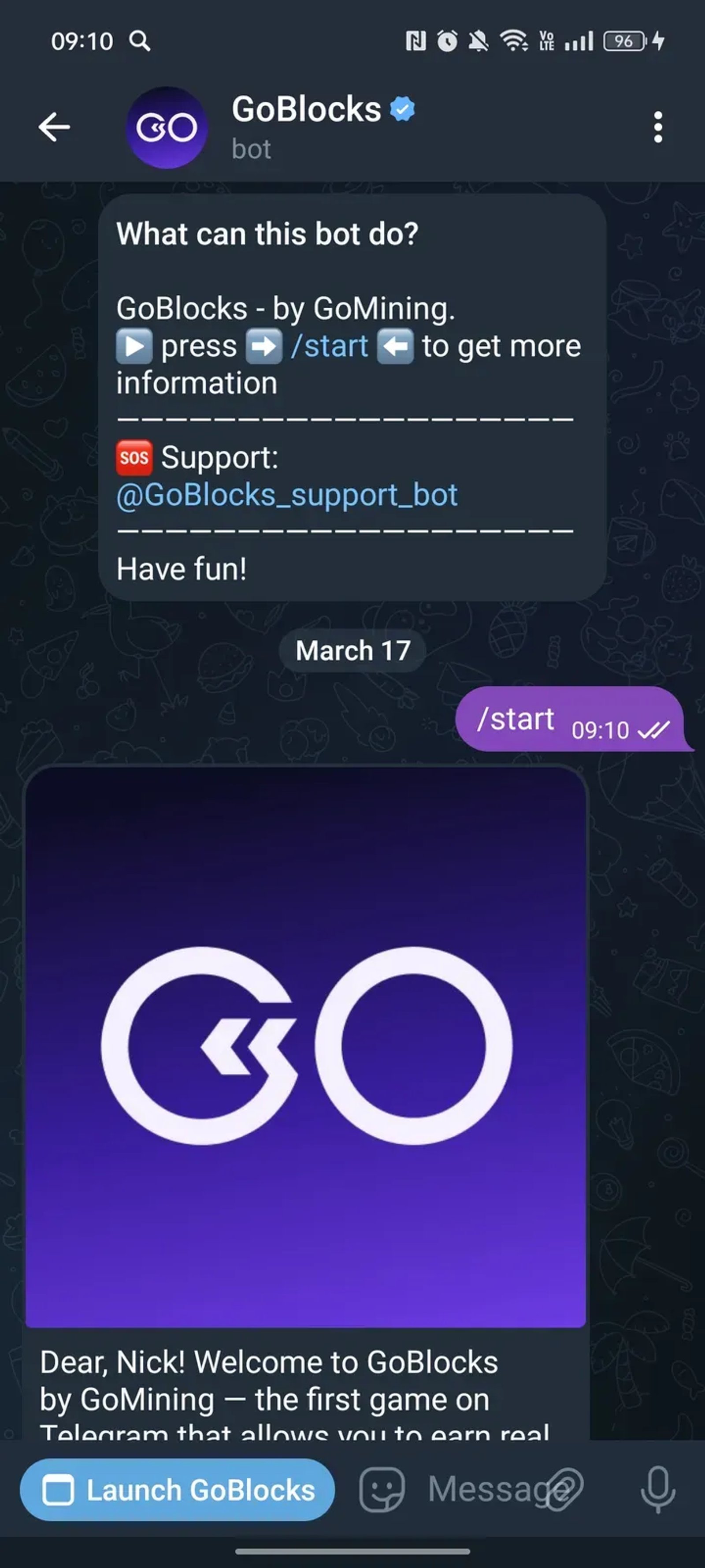 GoBlocks в Телеграм — скриншот 1