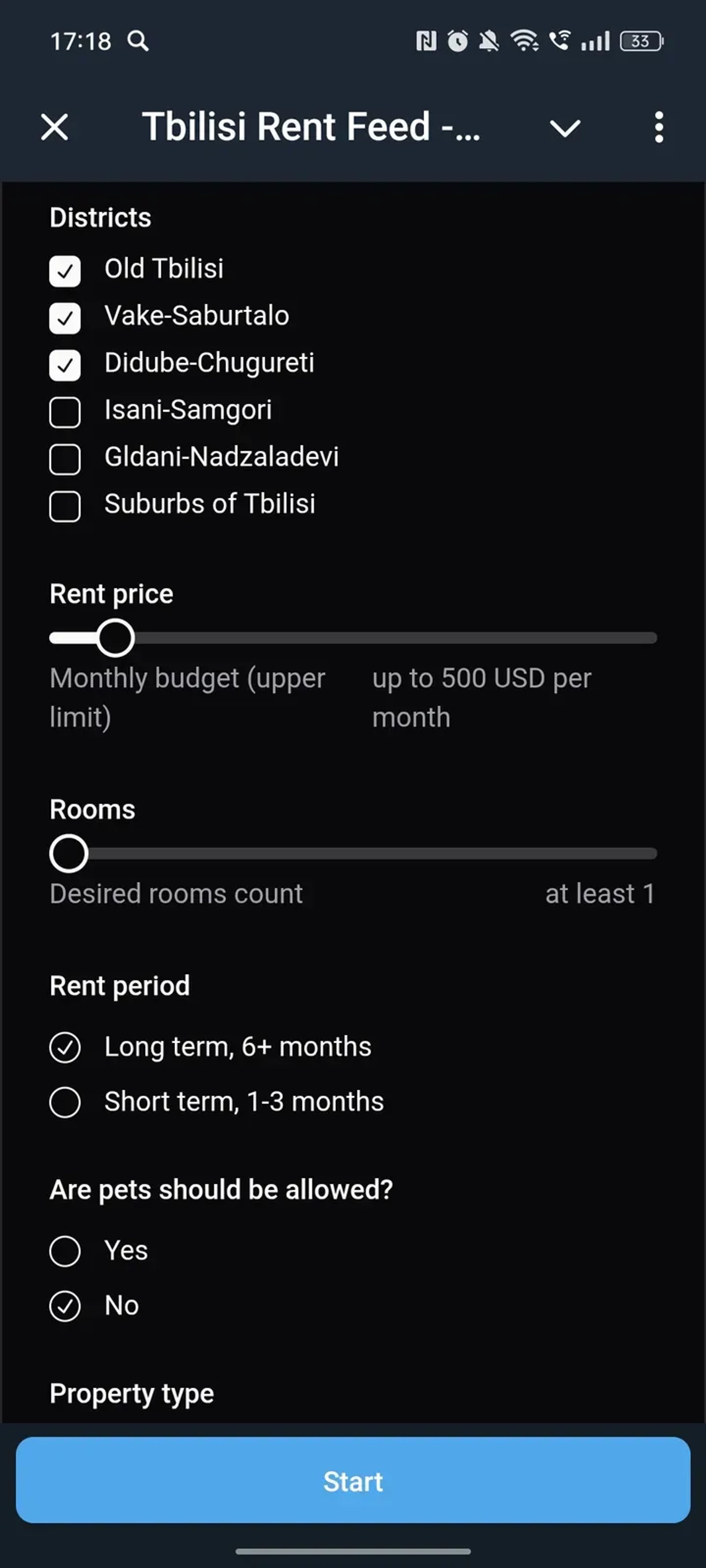 Tbilisi Rent Feed - быстрый поиск в Телеграм — скриншот 1