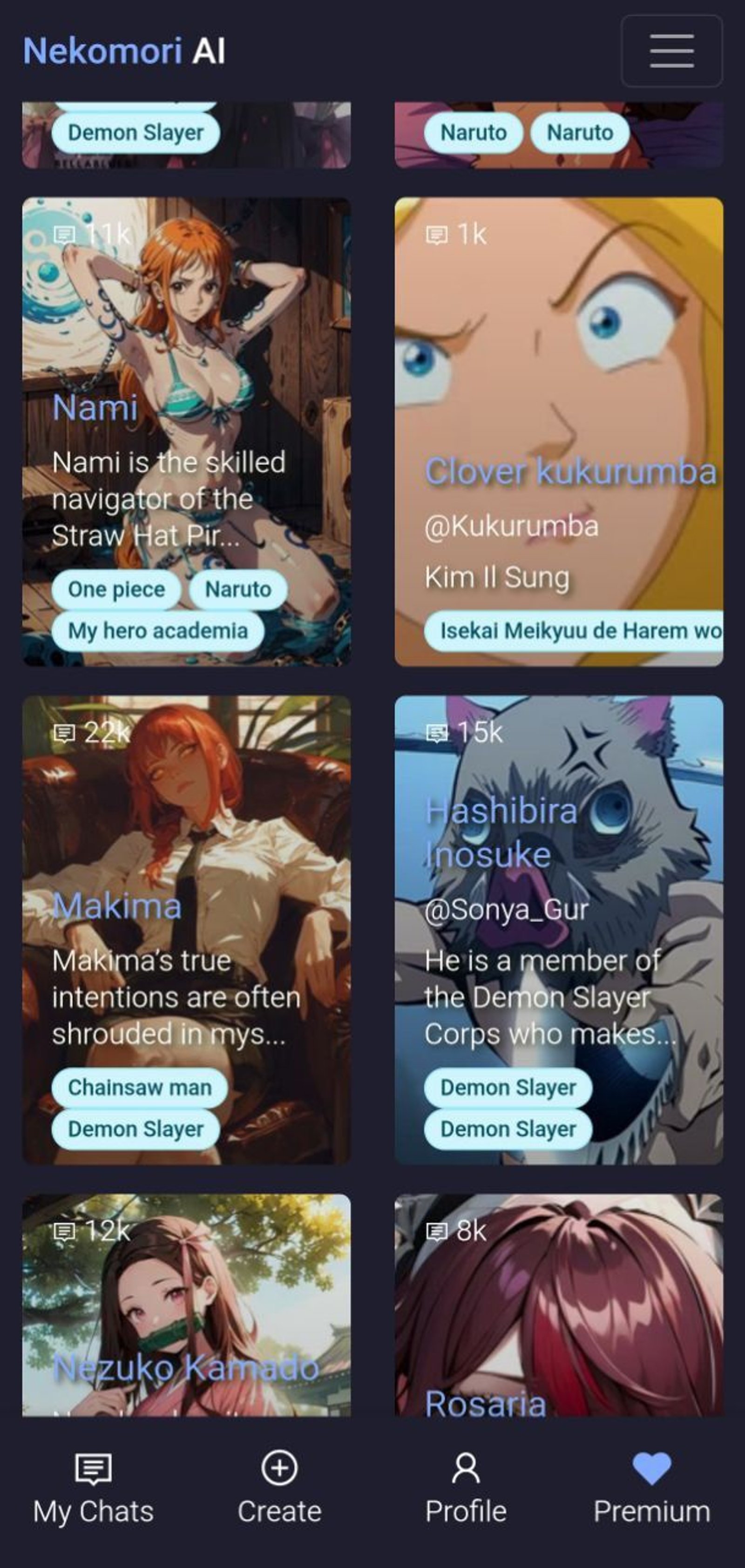 Nekomori 👾 AI Anime Chat в Telegram — скриншот 1