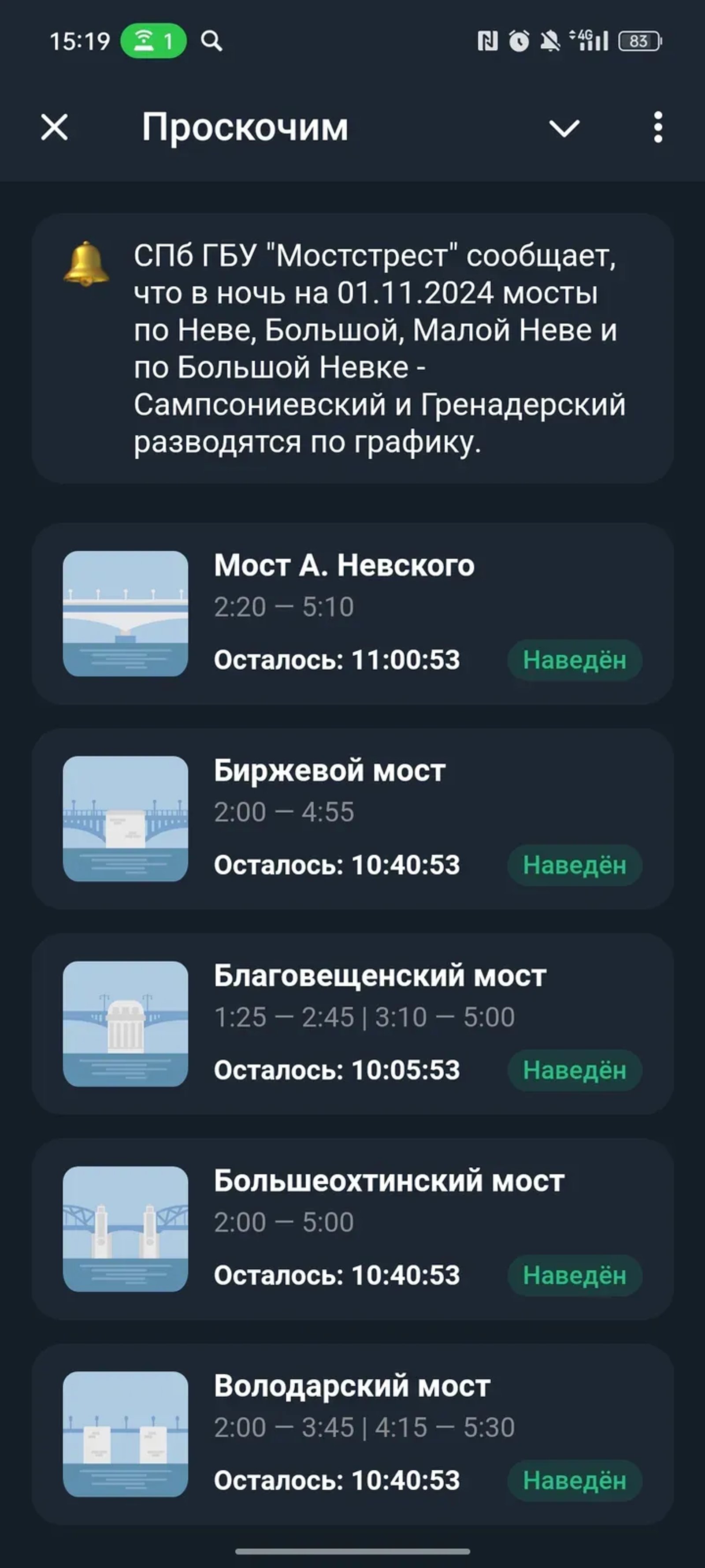 Проскочим — разводка мостов в Петербурге в Телеграм — скриншот 1