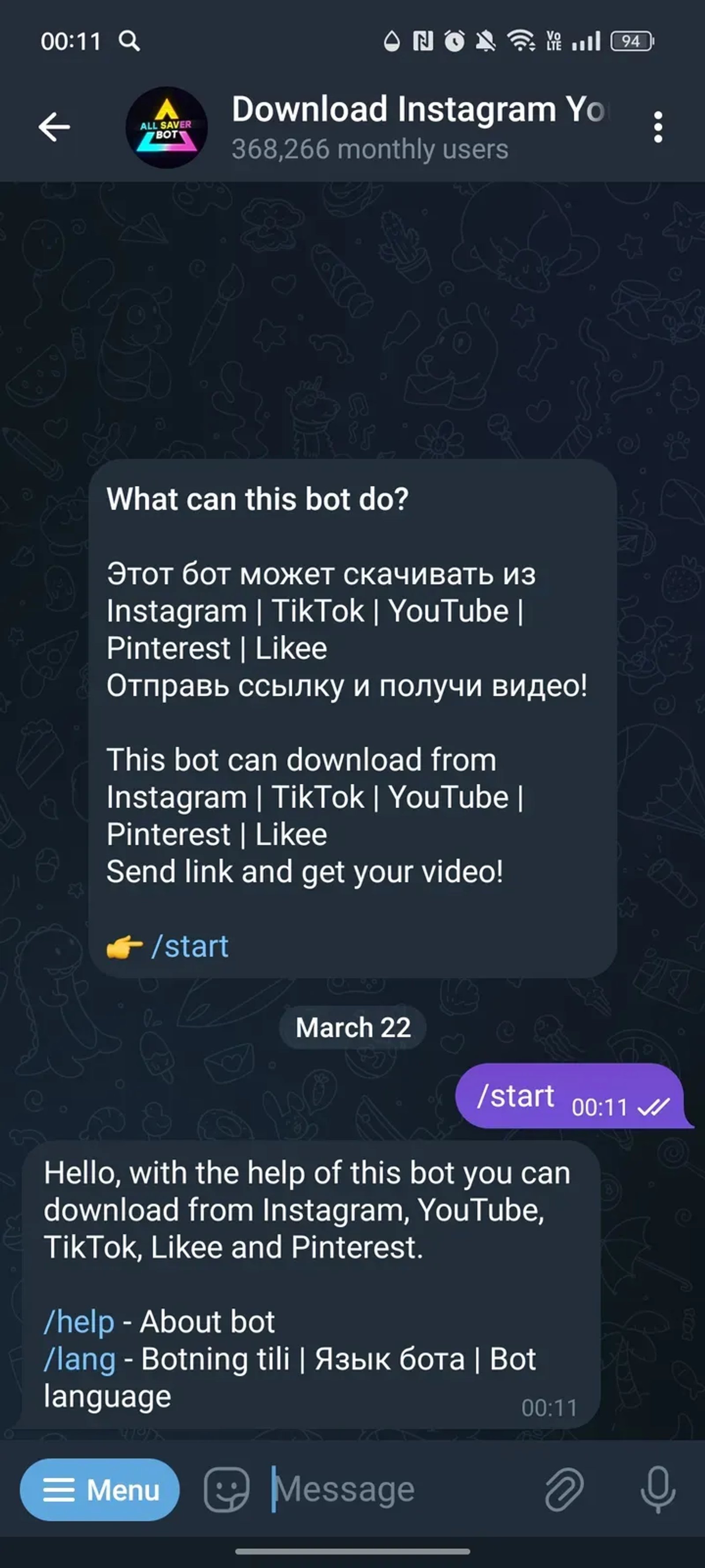 Download YouTube ТикТок Instagram в Телеграм — скриншот 1