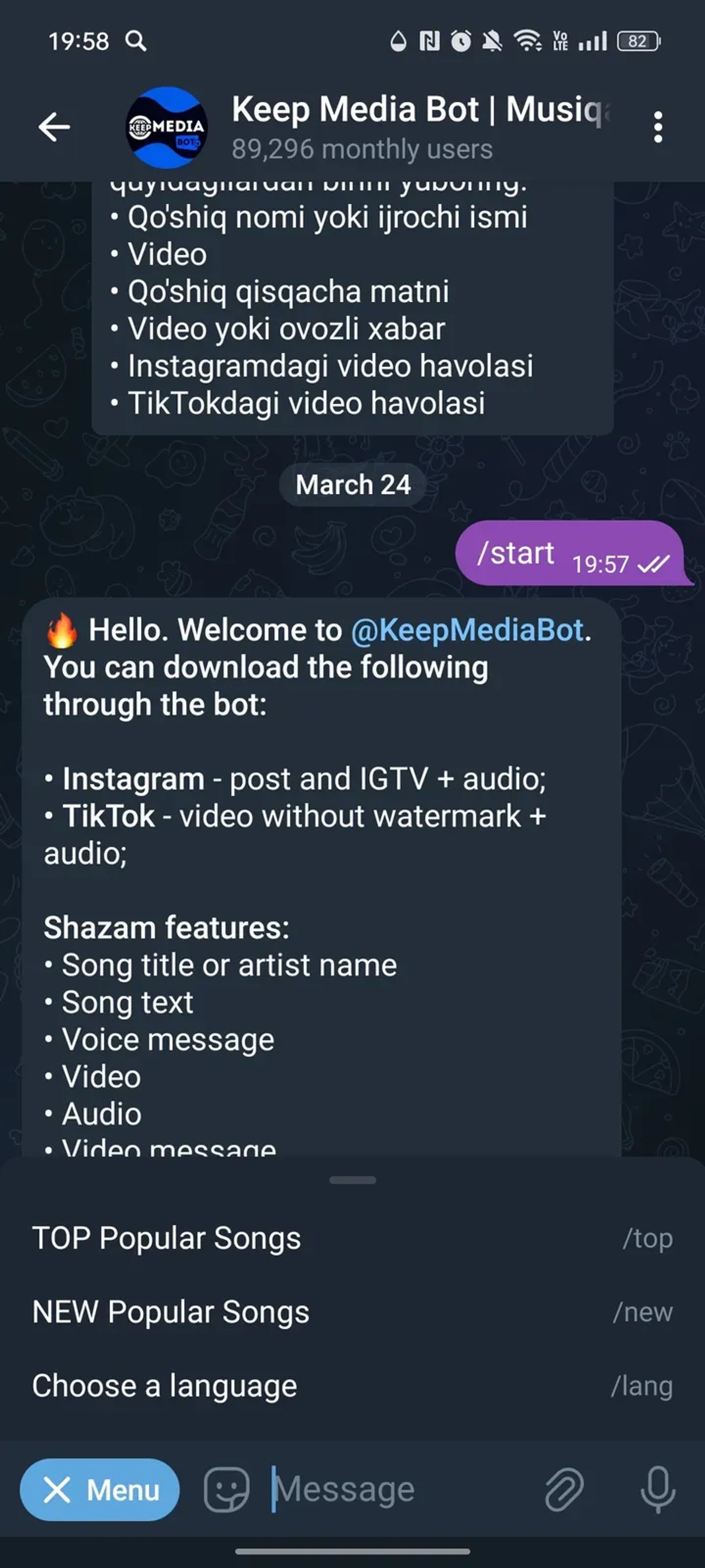 Keep Media Bot | Musiqalar | Instagram | TikTok в Телеграм — скриншот 3