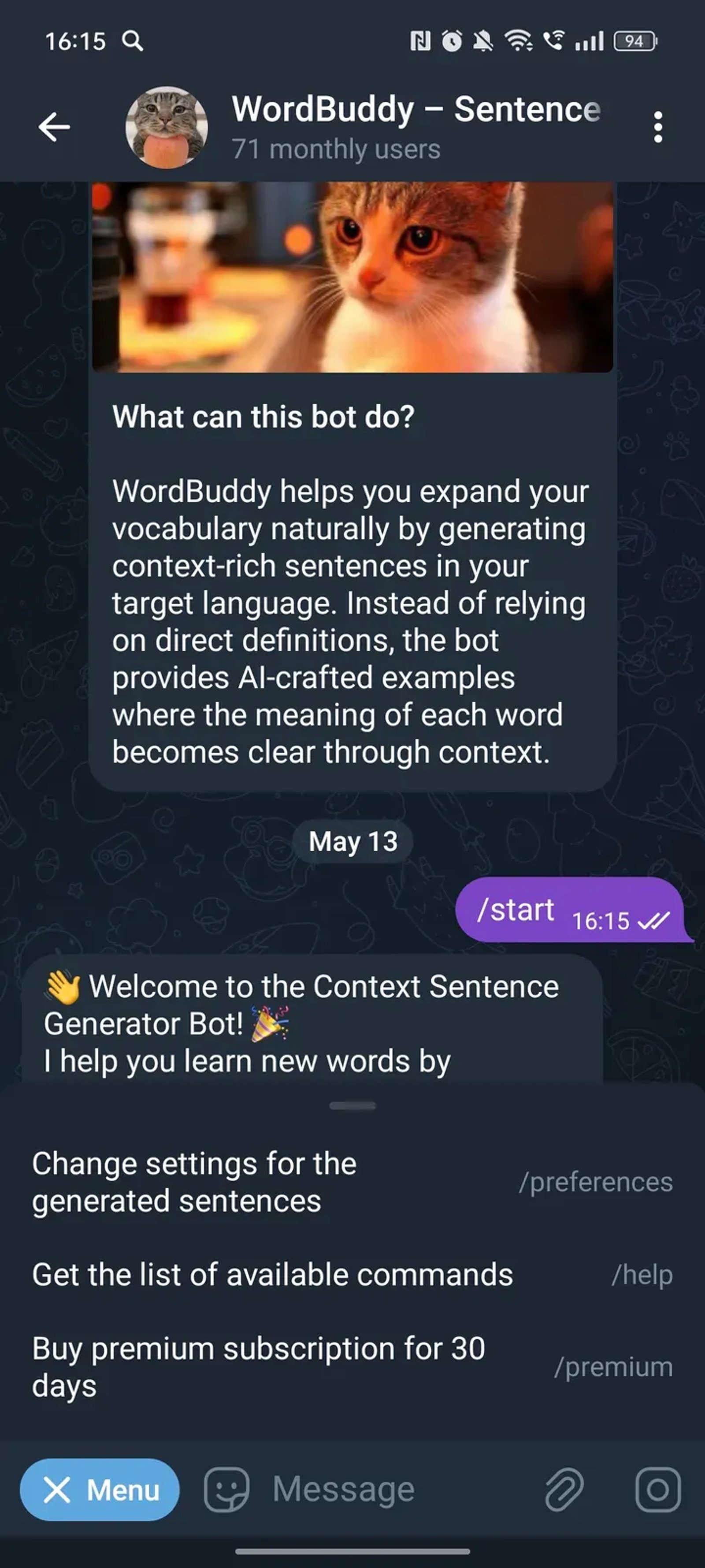 Sentence Generator в Телеграм — скриншот 3