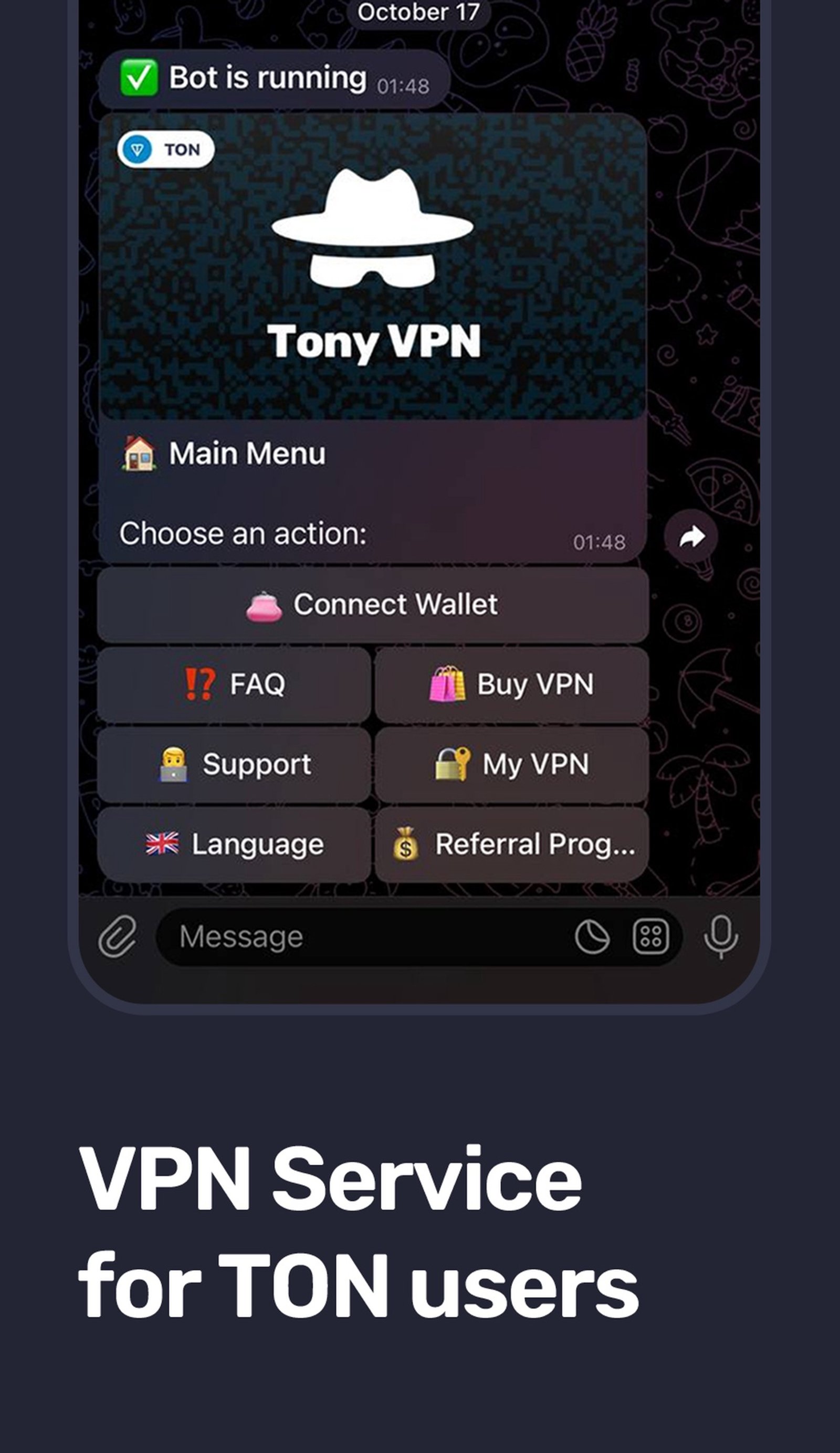 Tony VPN в Телеграм — скриншот 1