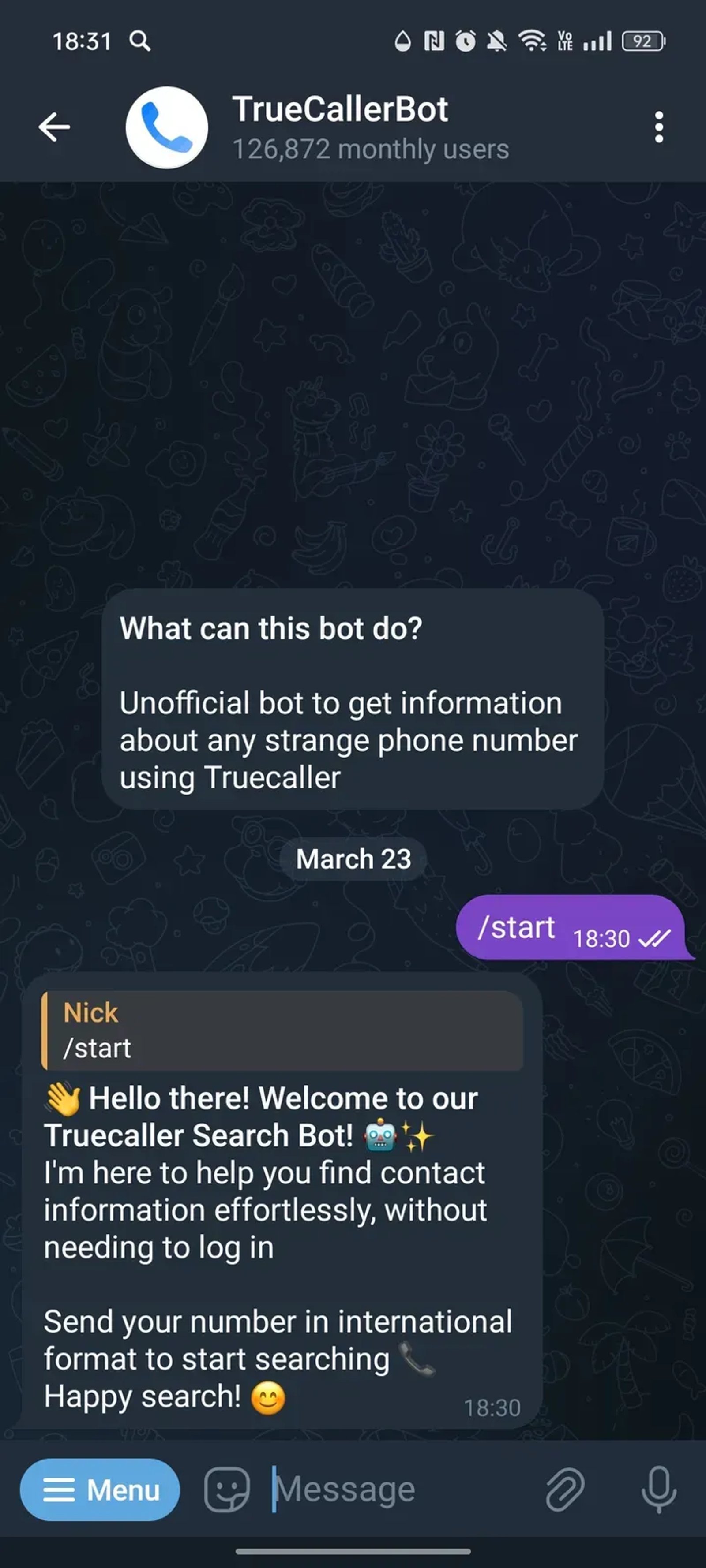 TrueCallerBot в Телеграм — скриншот 1