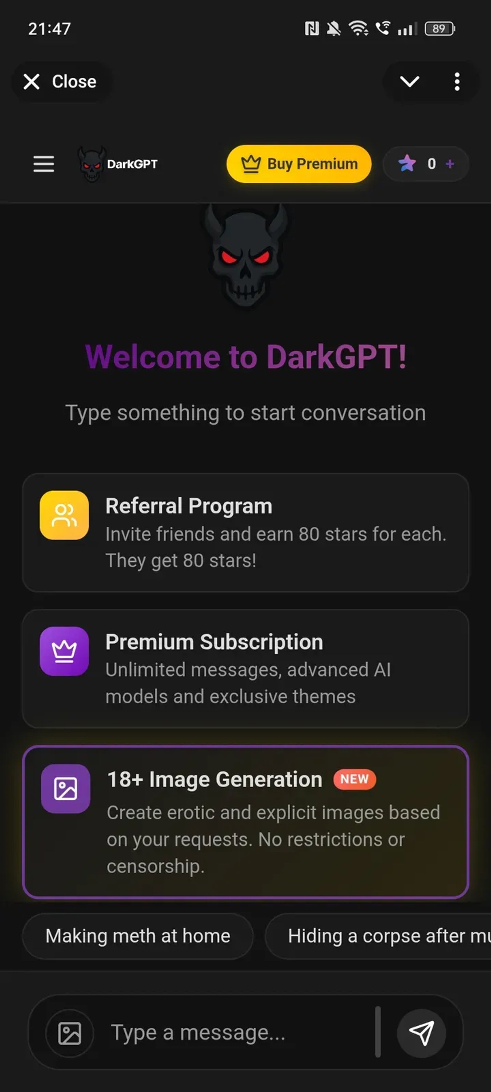DarkGPT в Телеграм — скриншот 1