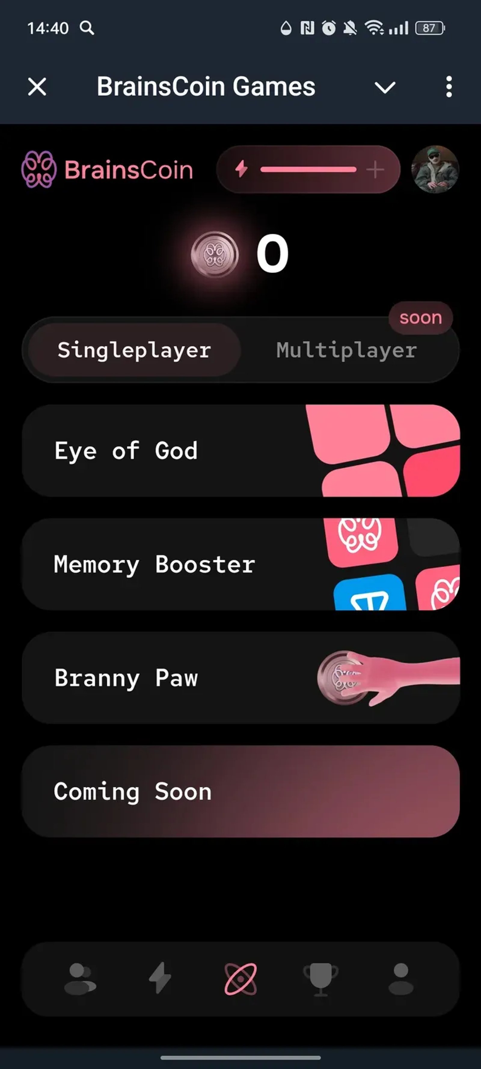 BrainsCoin Games в Телеграм — скриншот 1