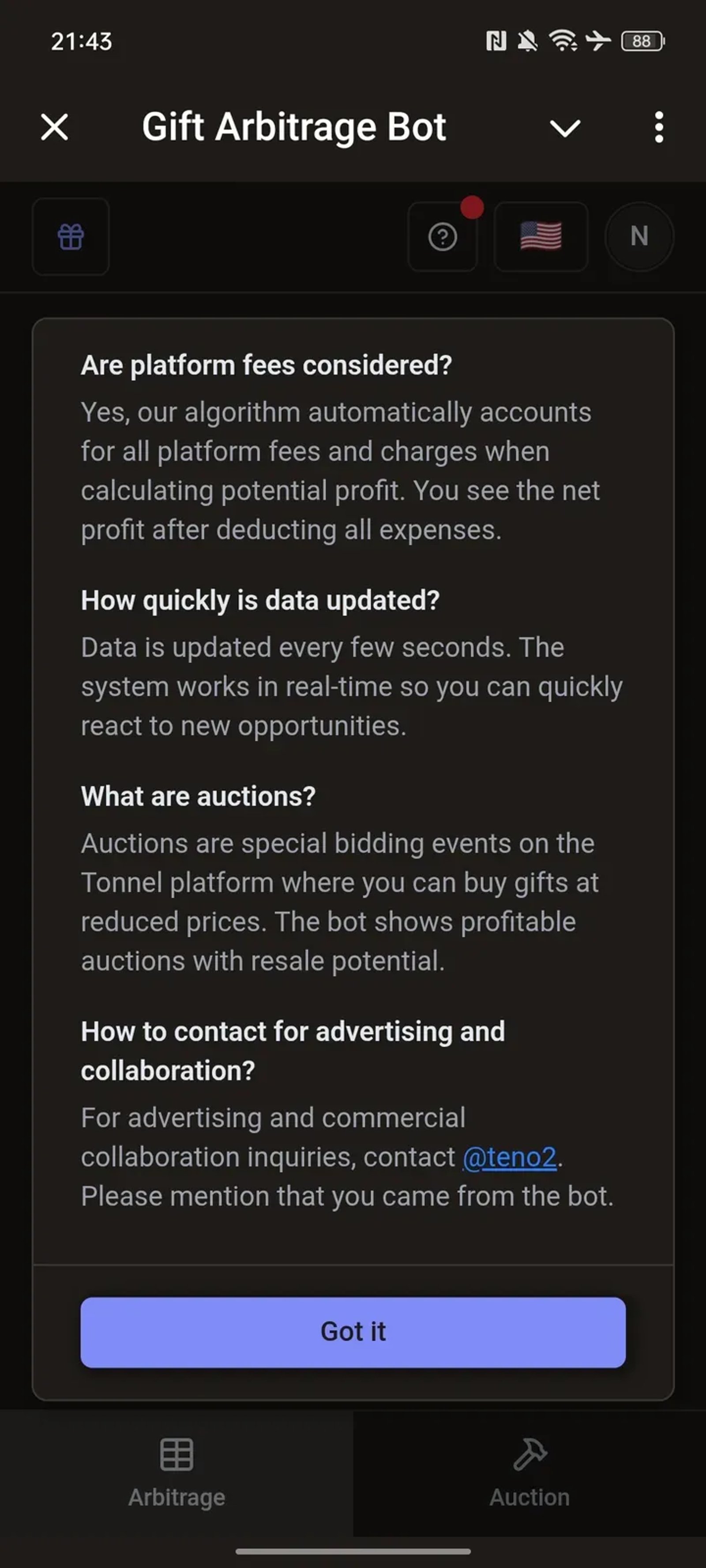 Gift Arbitrage Bot в Телеграм — скриншот 4