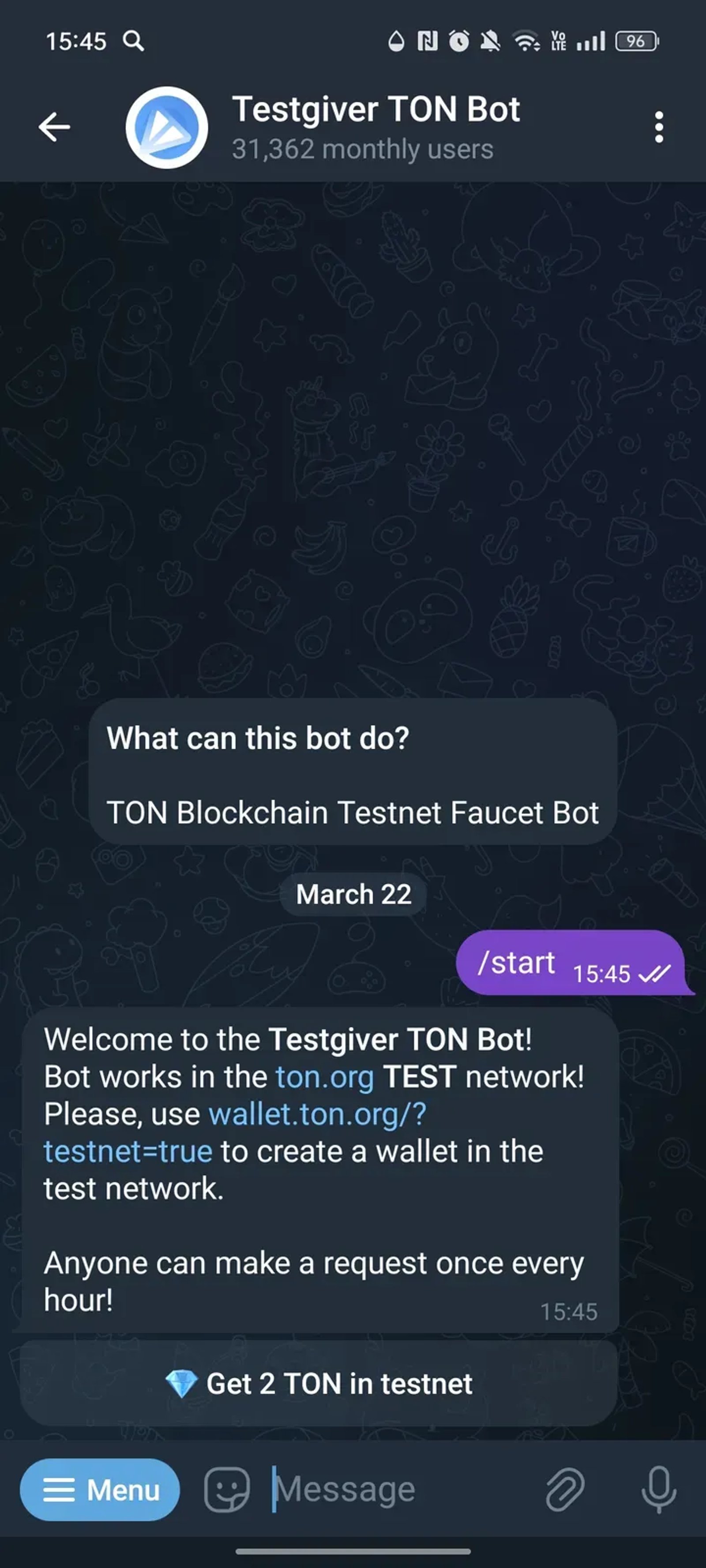 Testgiver TON Bot в Телеграм — скриншот 1