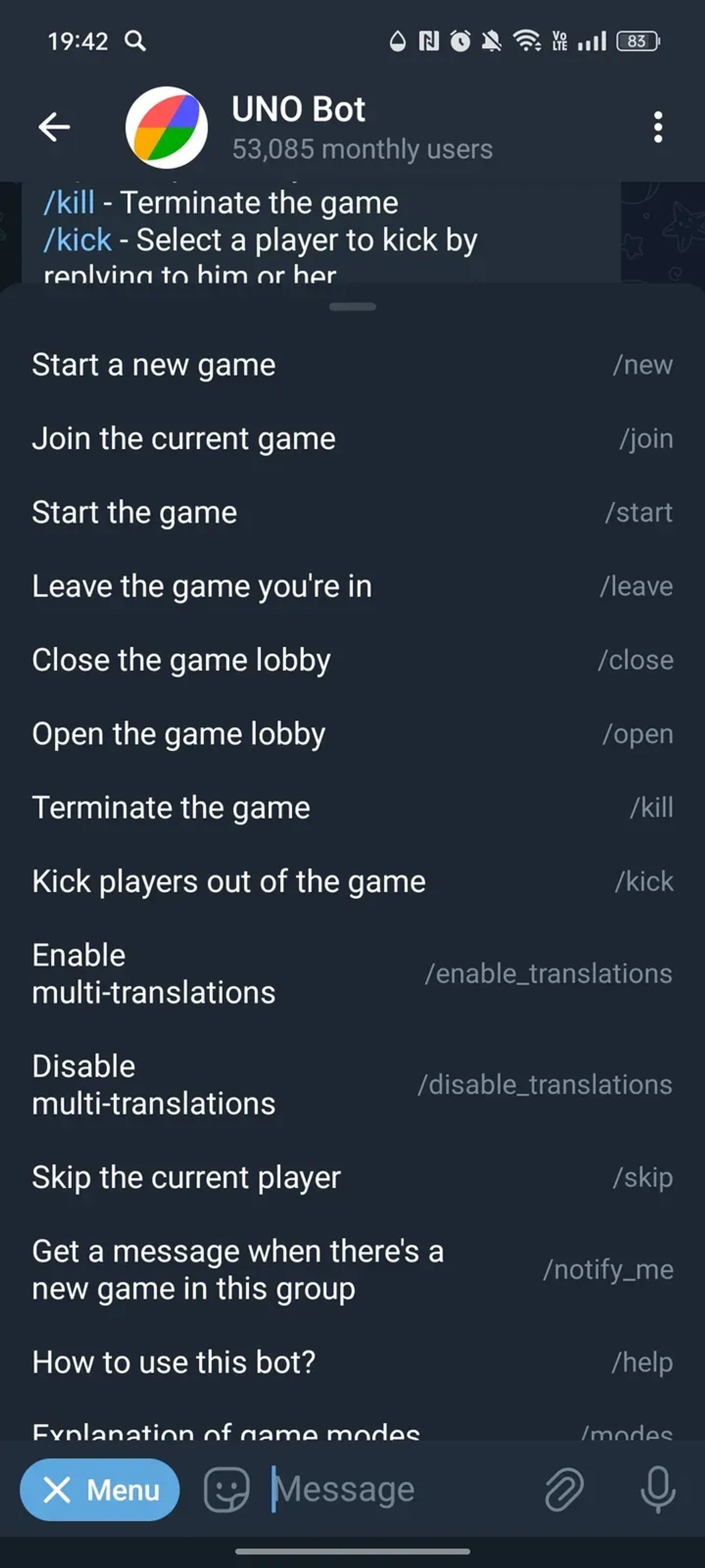 UNO Bot в Телеграм — скриншот 3
