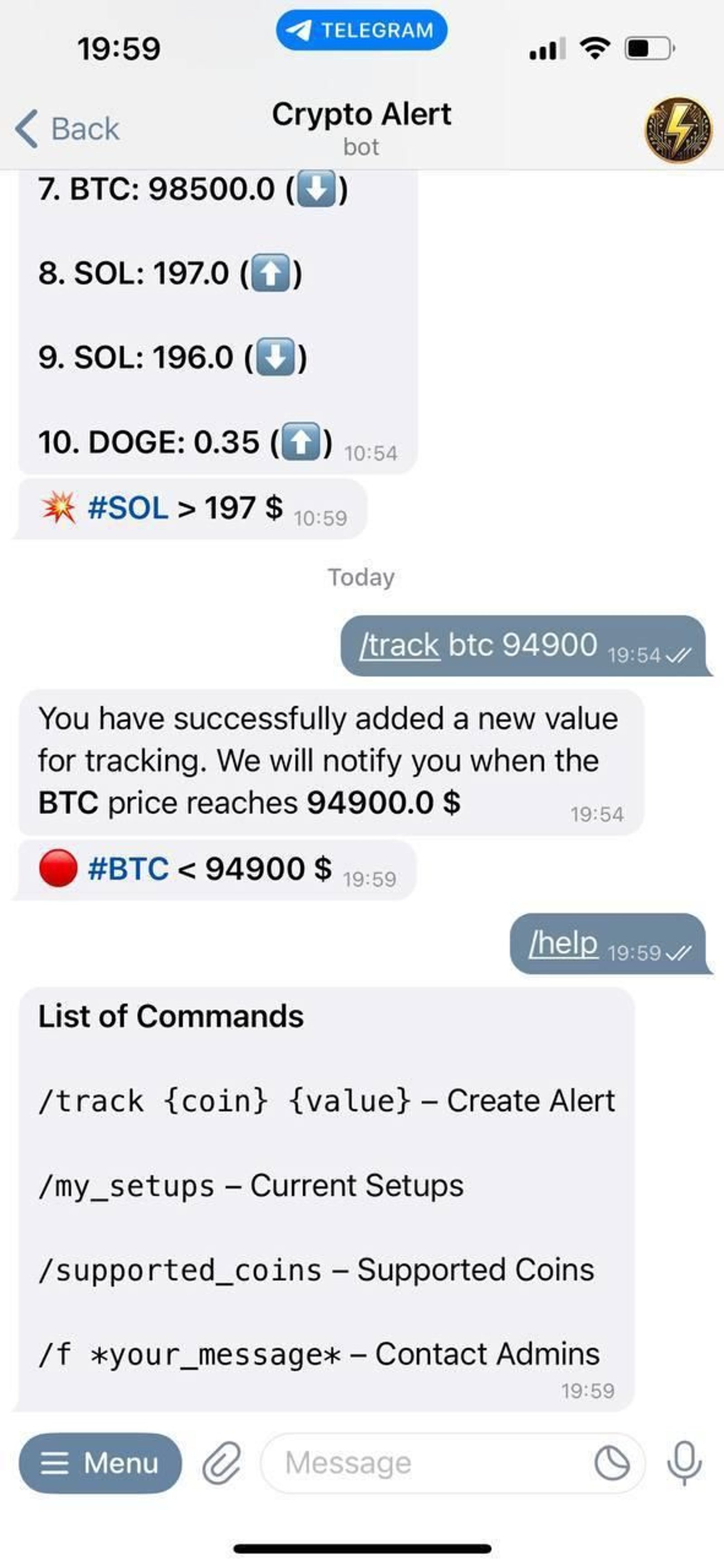 Crypto Alert в Телеграм — скриншот 2