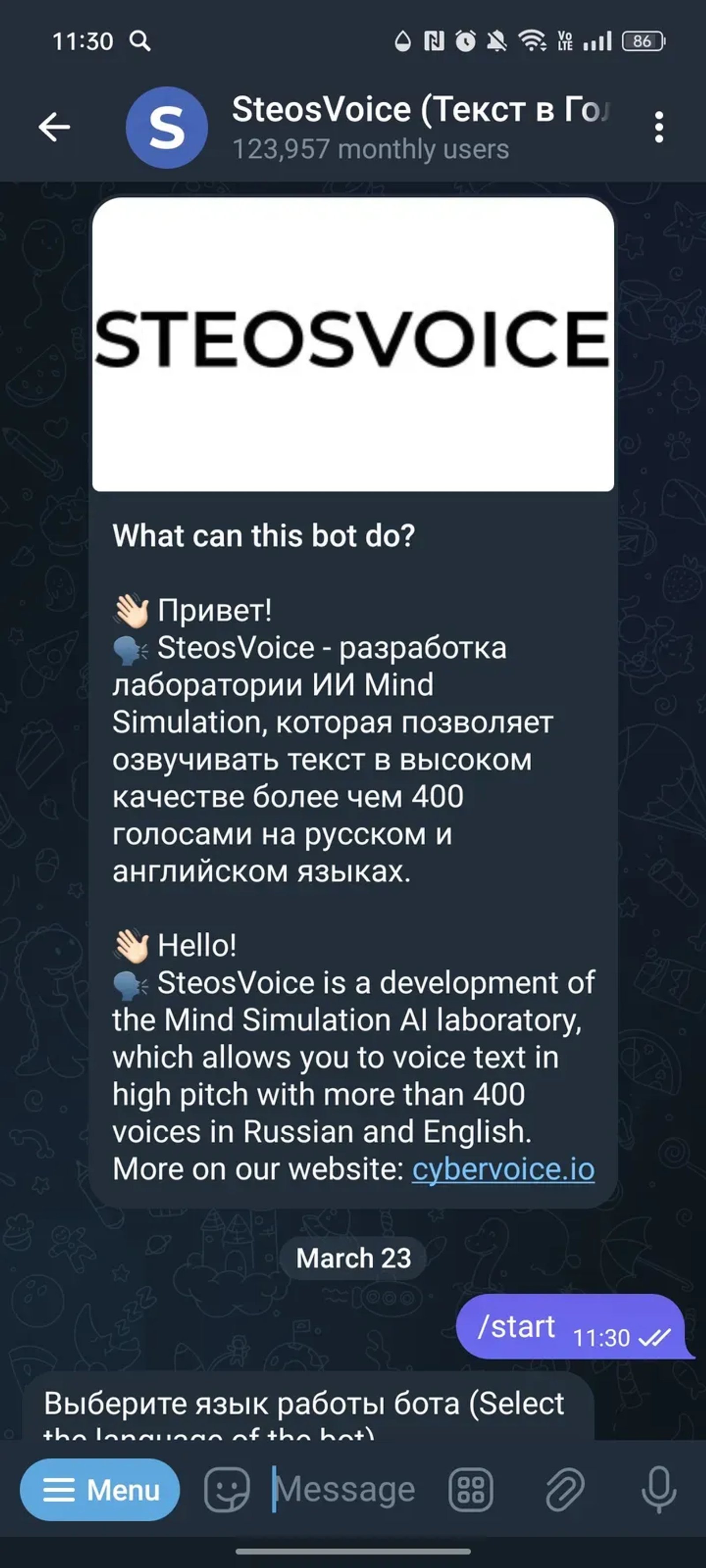 SteosVoice (TTS, Text to Speech, Текст в Голос) в Телеграм — скриншот 1