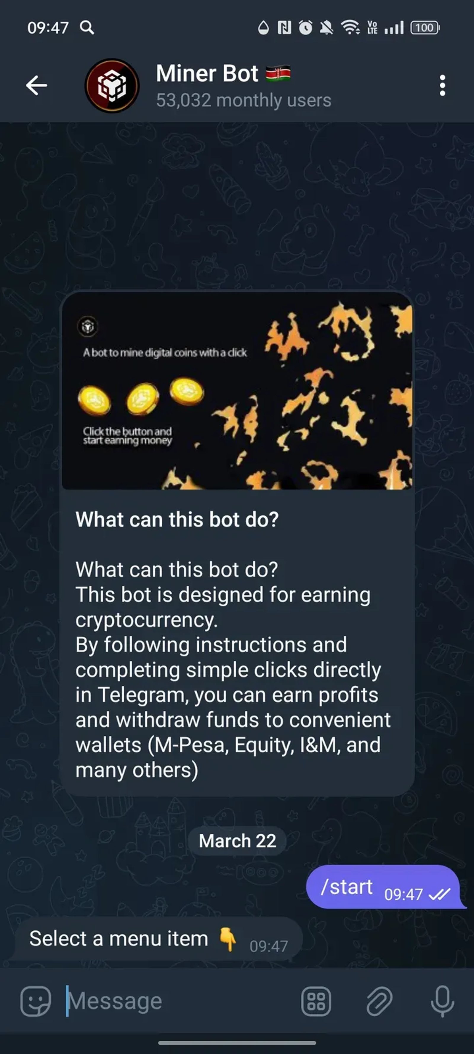 Minеr Bot 🇰🇪 в Телеграм — скриншот 1