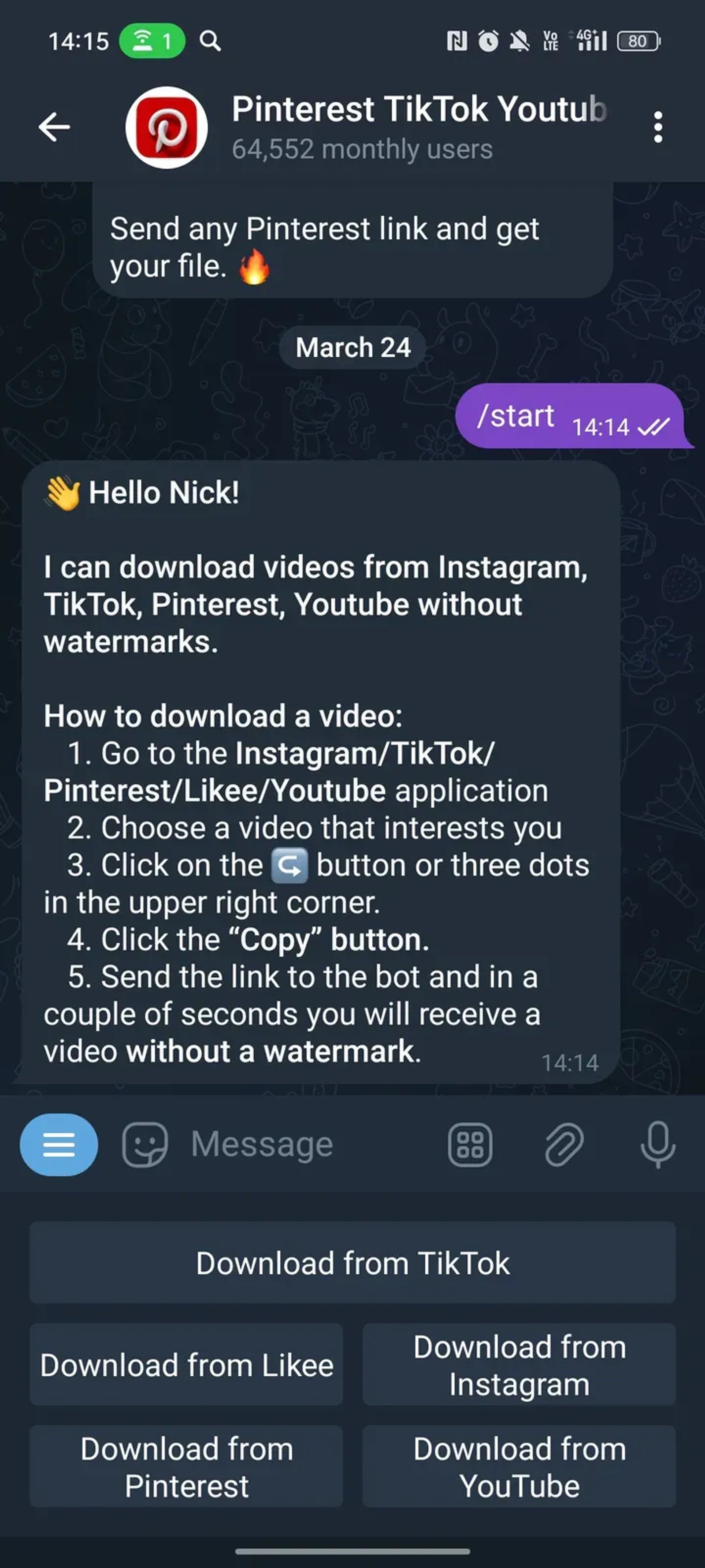 Pinterest TikTok Youtube downloader в Телеграм — скриншот 3