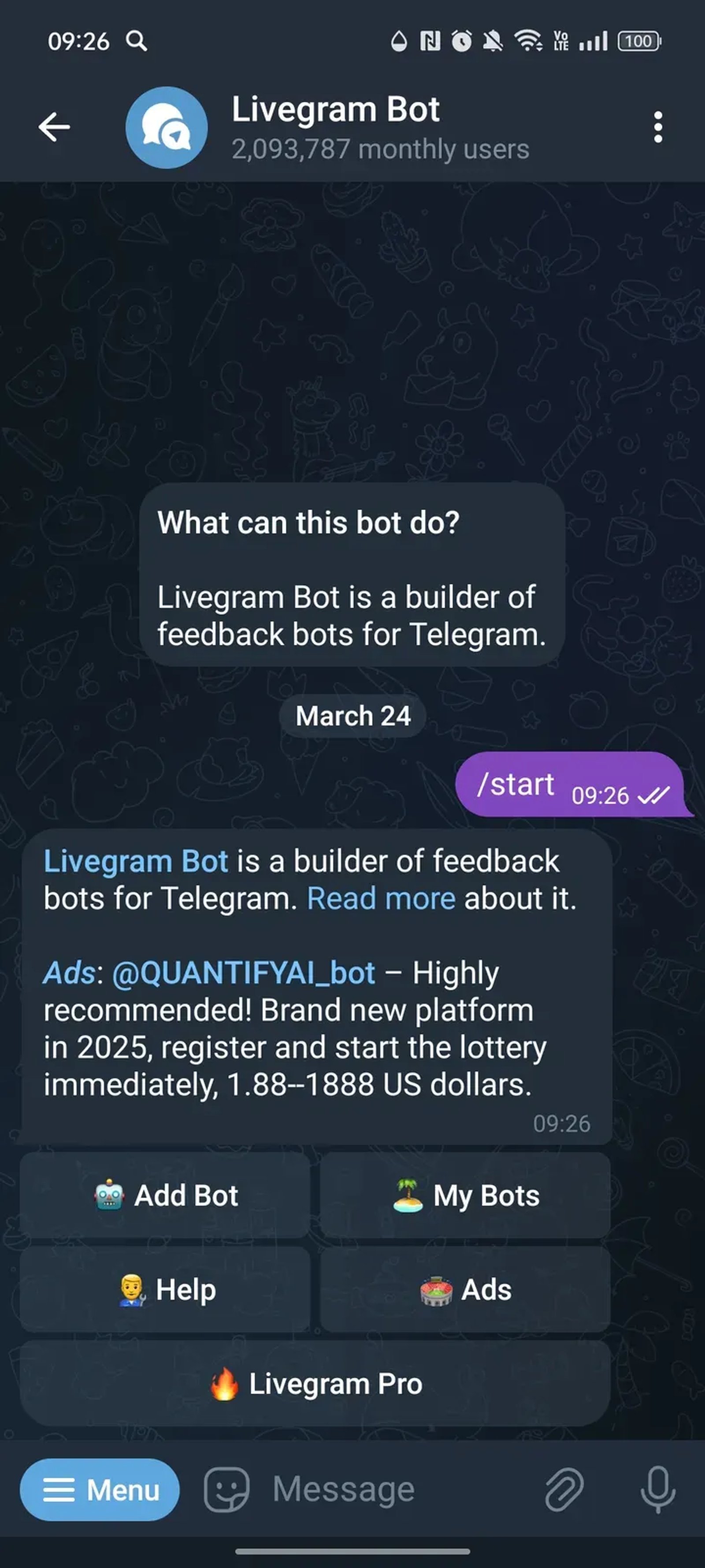 Livegram Bot в Телеграм — скриншот 1