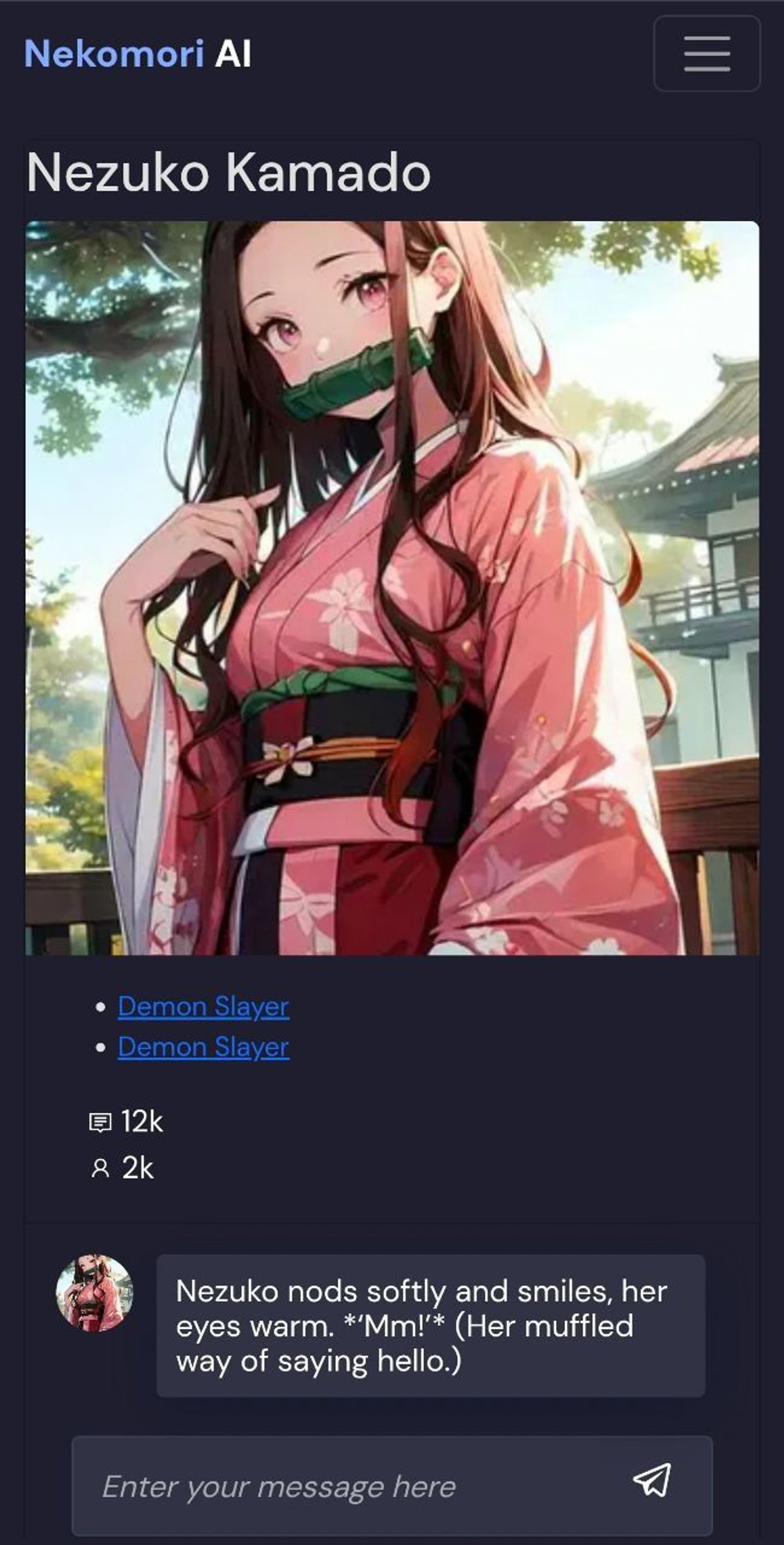 Nekomori 👾 AI Anime Chat в Telegram — скриншот 2