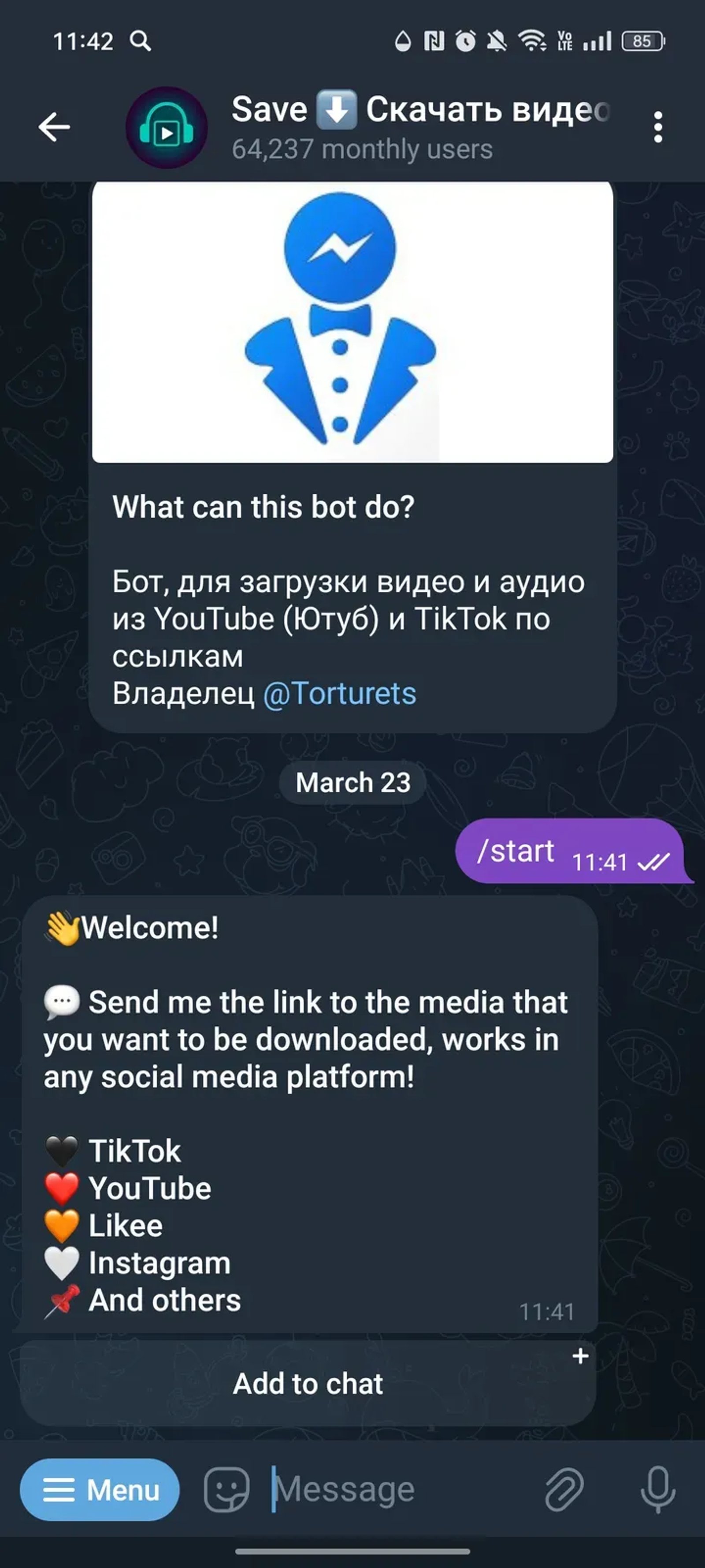 Save ⬇️ Скачать видео из Ютуб и ТикТок в Телеграм — скриншот 1