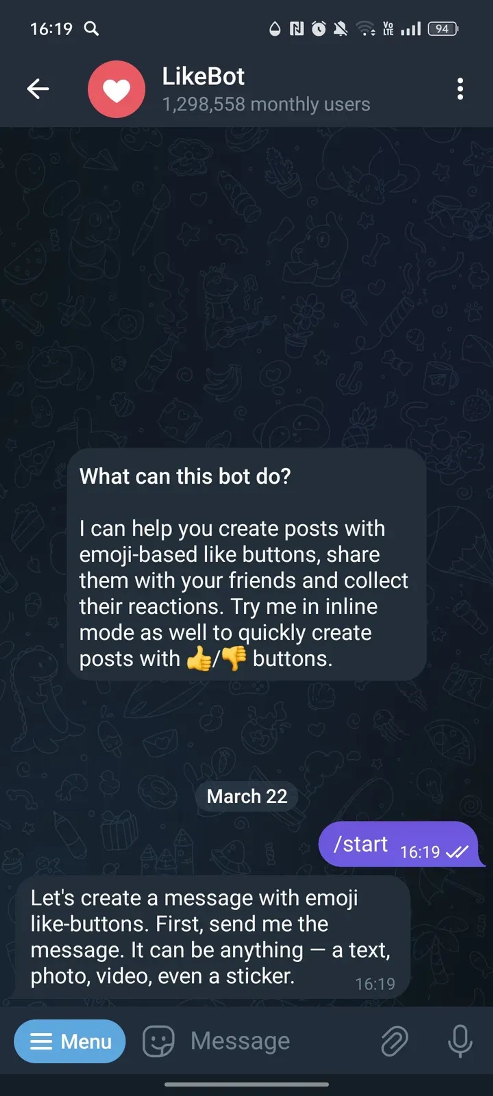 LikeBot в Телеграм — скриншот 1