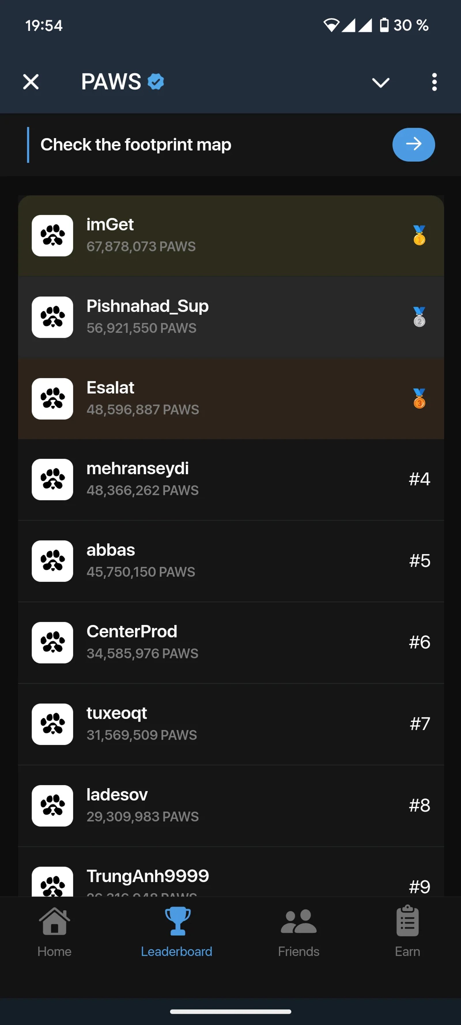 PAWS Telegram - Список лидеров