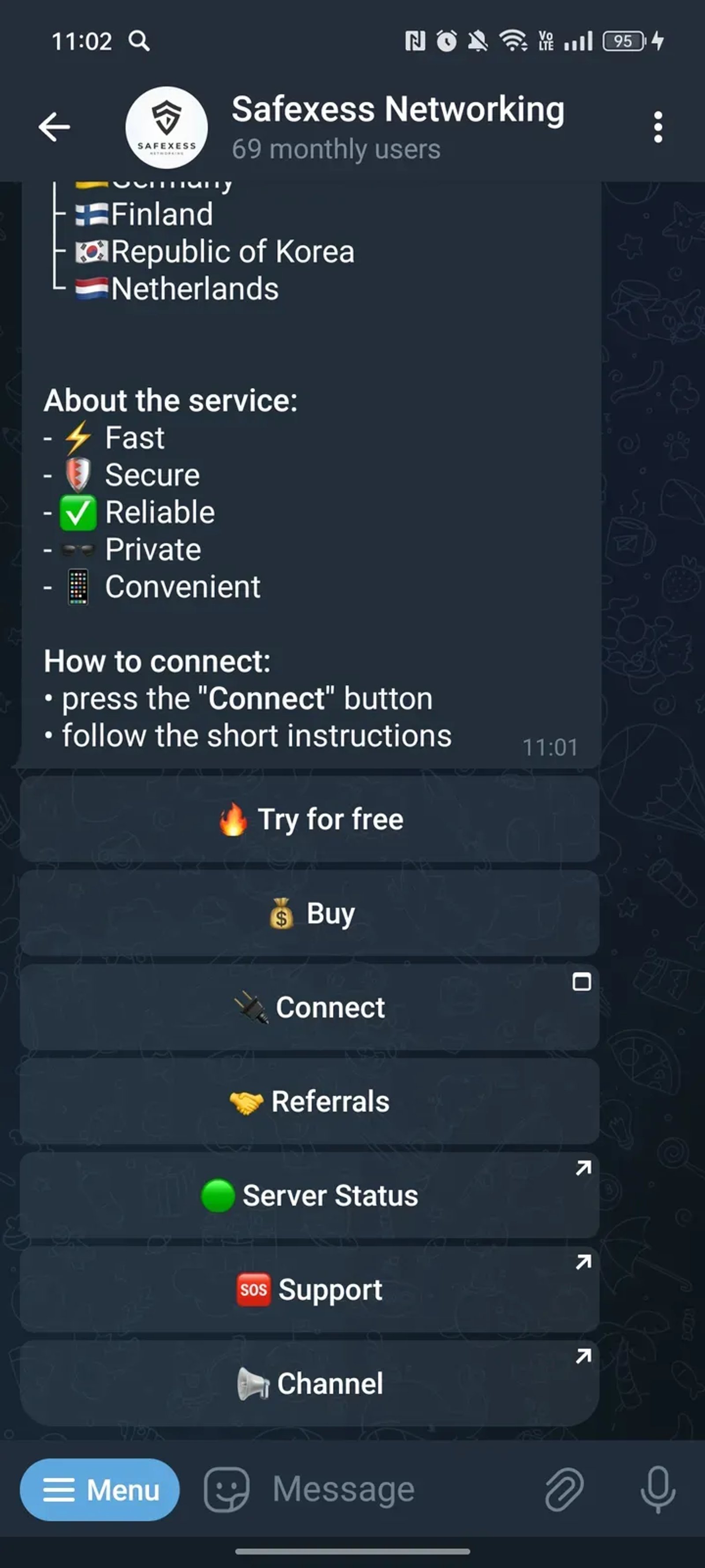 Safexess VPN Bot 🛡 в Телеграм — скриншот 3