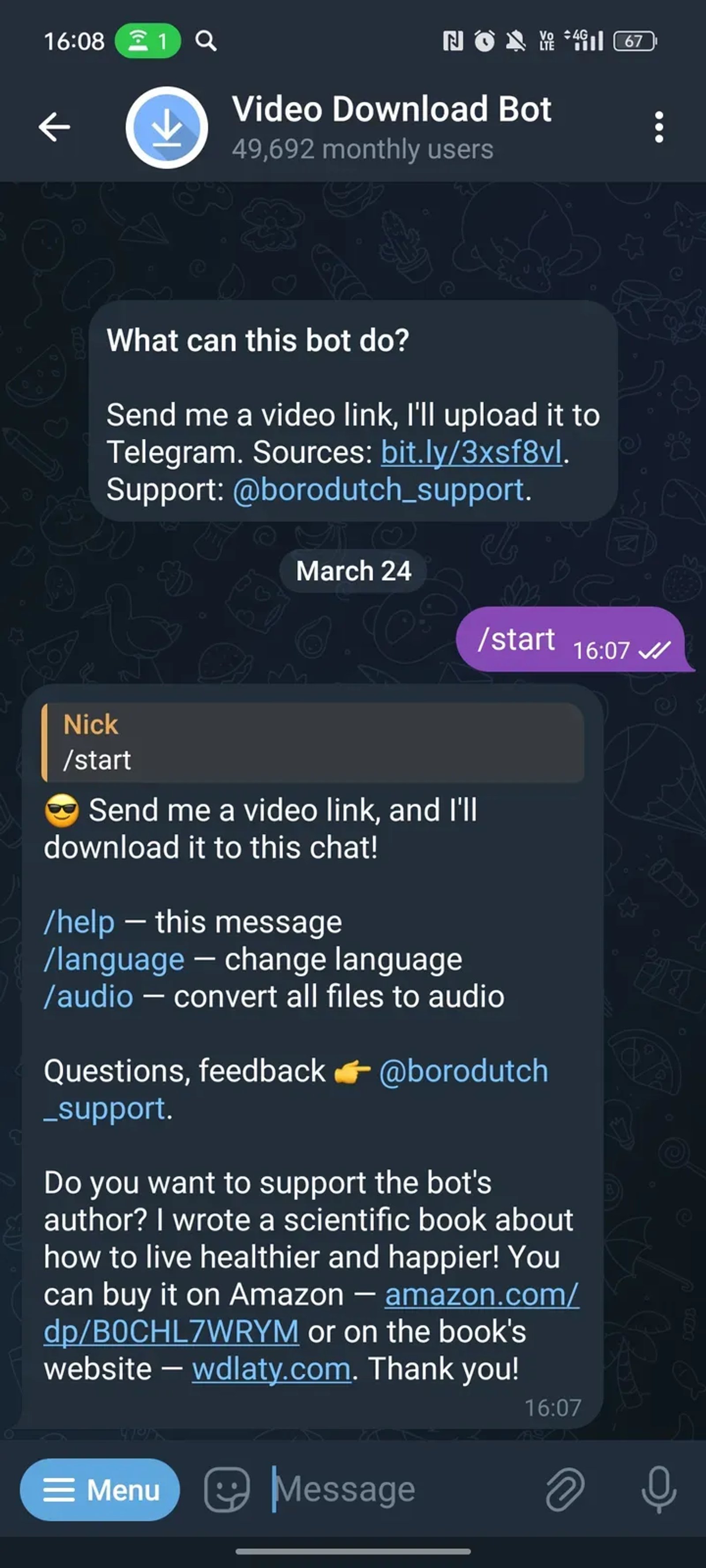 Video Download Bot в Телеграм — скриншот 1