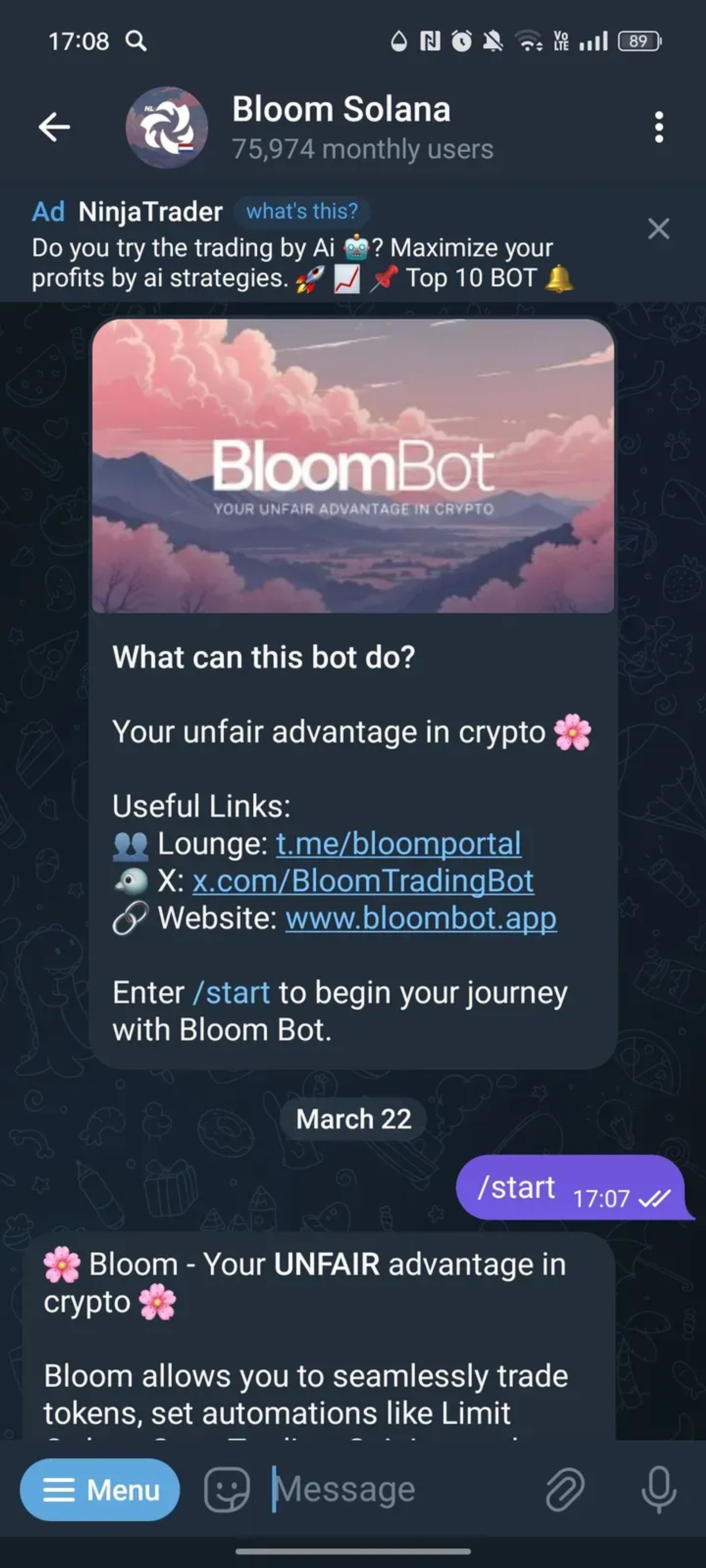 Bloom Solana в Телеграм — скриншот 1