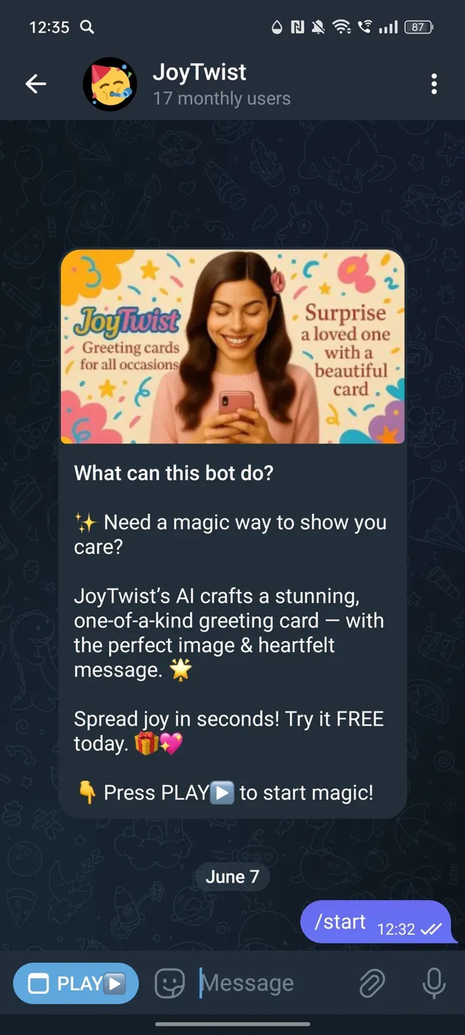 JoyTwist AI Greeting Cards в Телеграм — скриншот 4