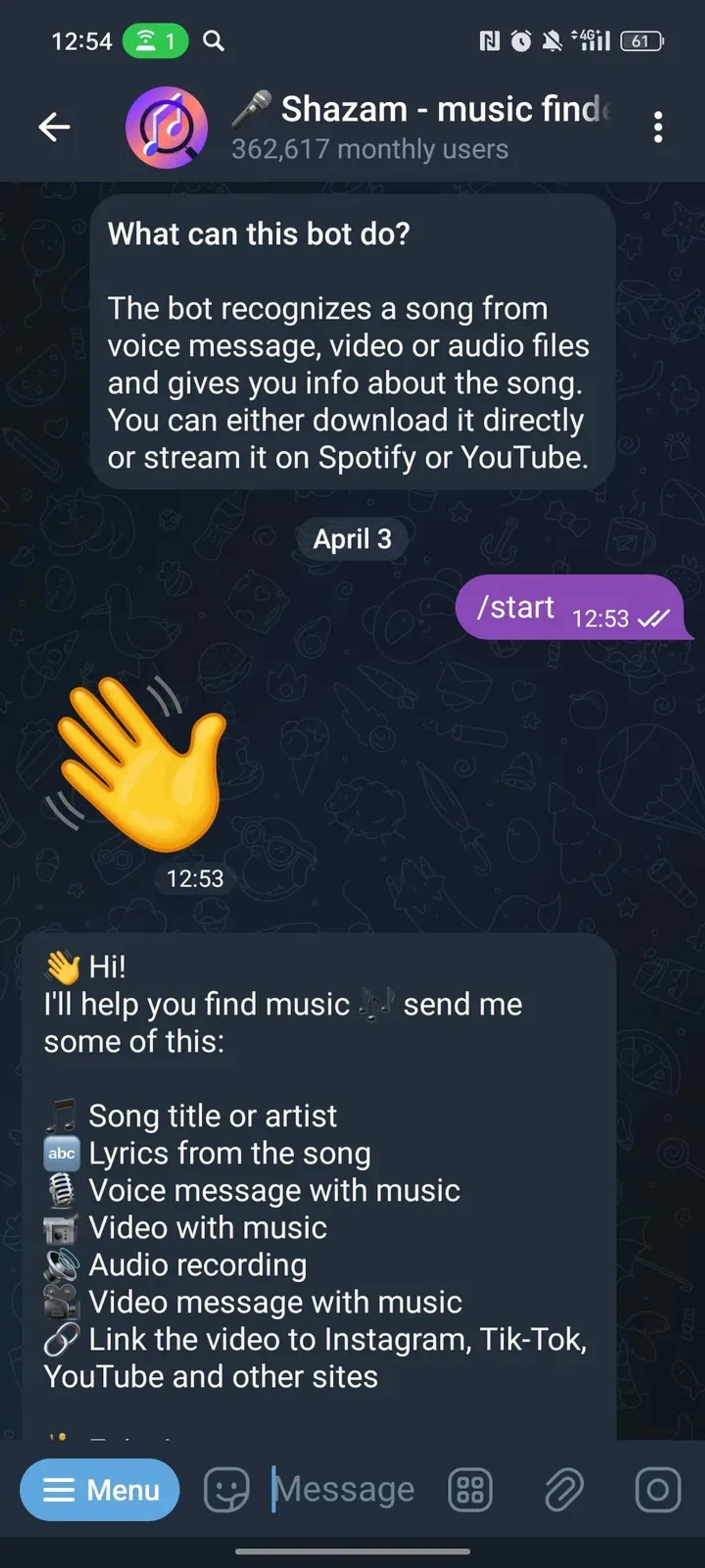 🎤︎ Shazam - music finder в Телеграм — скриншот 1