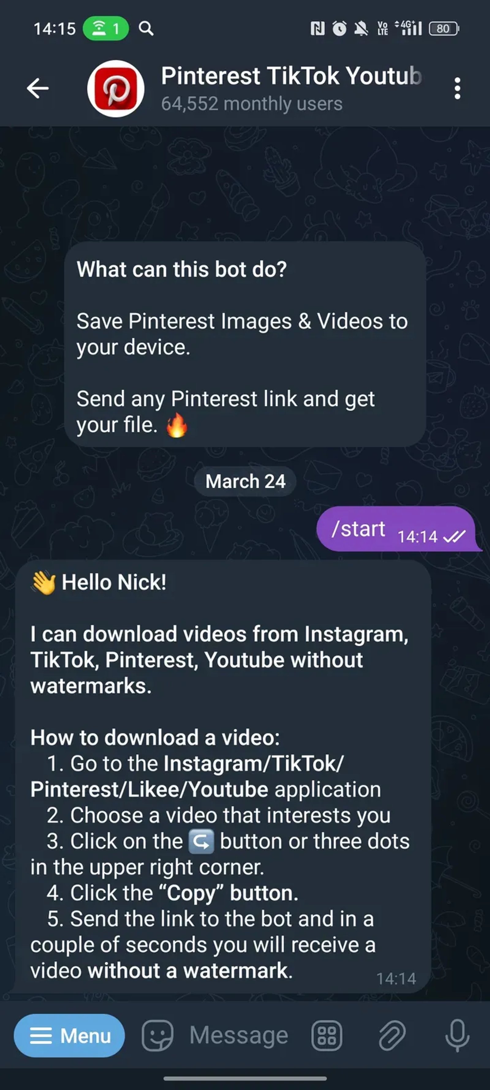 Pinterest TikTok Youtube downloader в Телеграм — скриншот 1