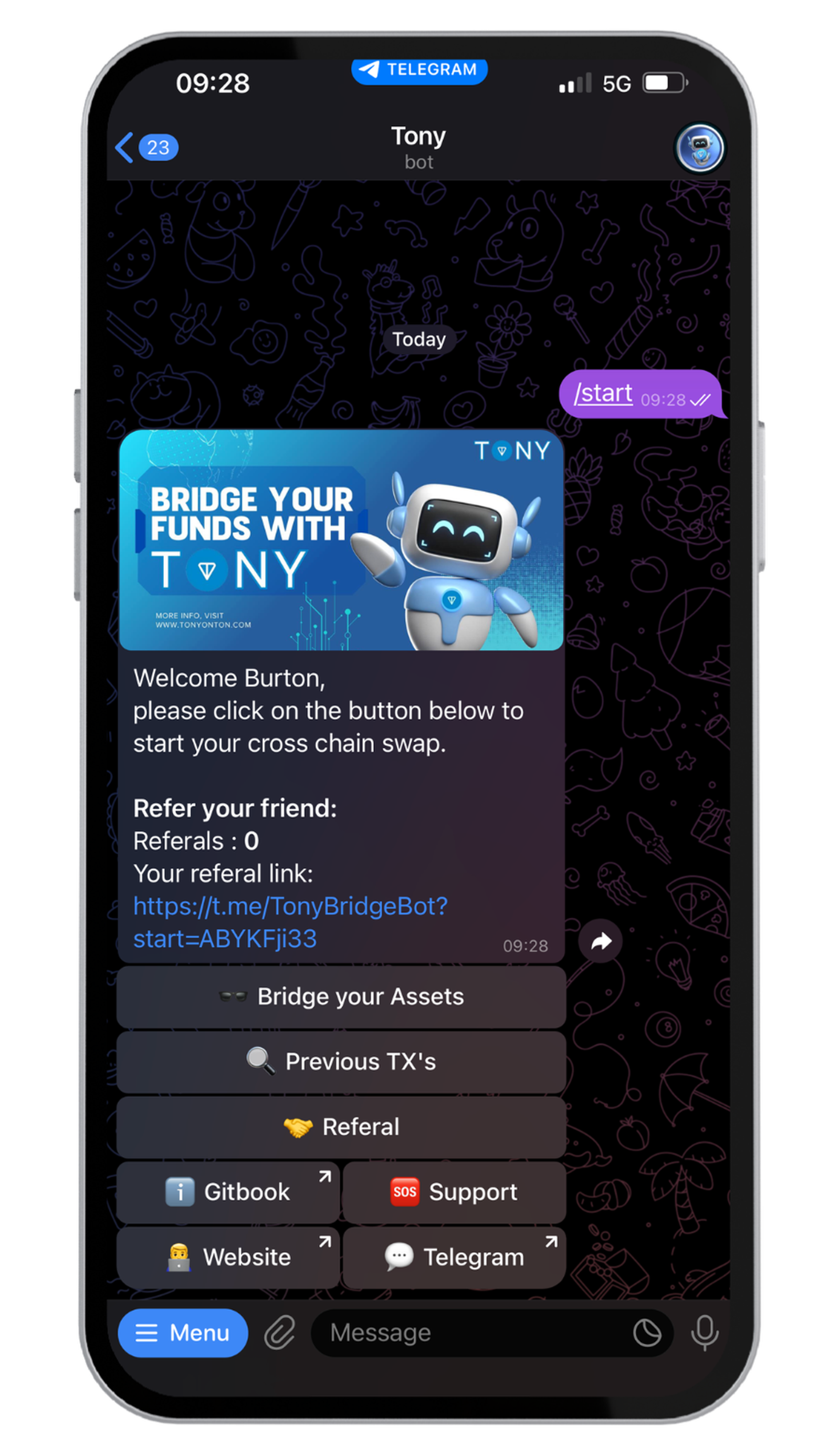 Tony Bridge в Телеграм — скриншот 1
