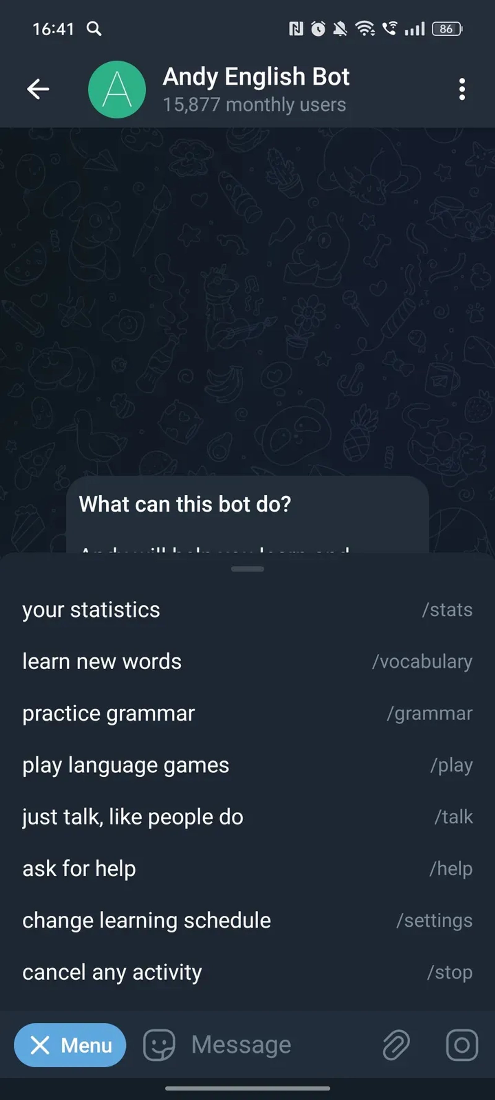 Andy English Bot в Телеграм — скриншот 3