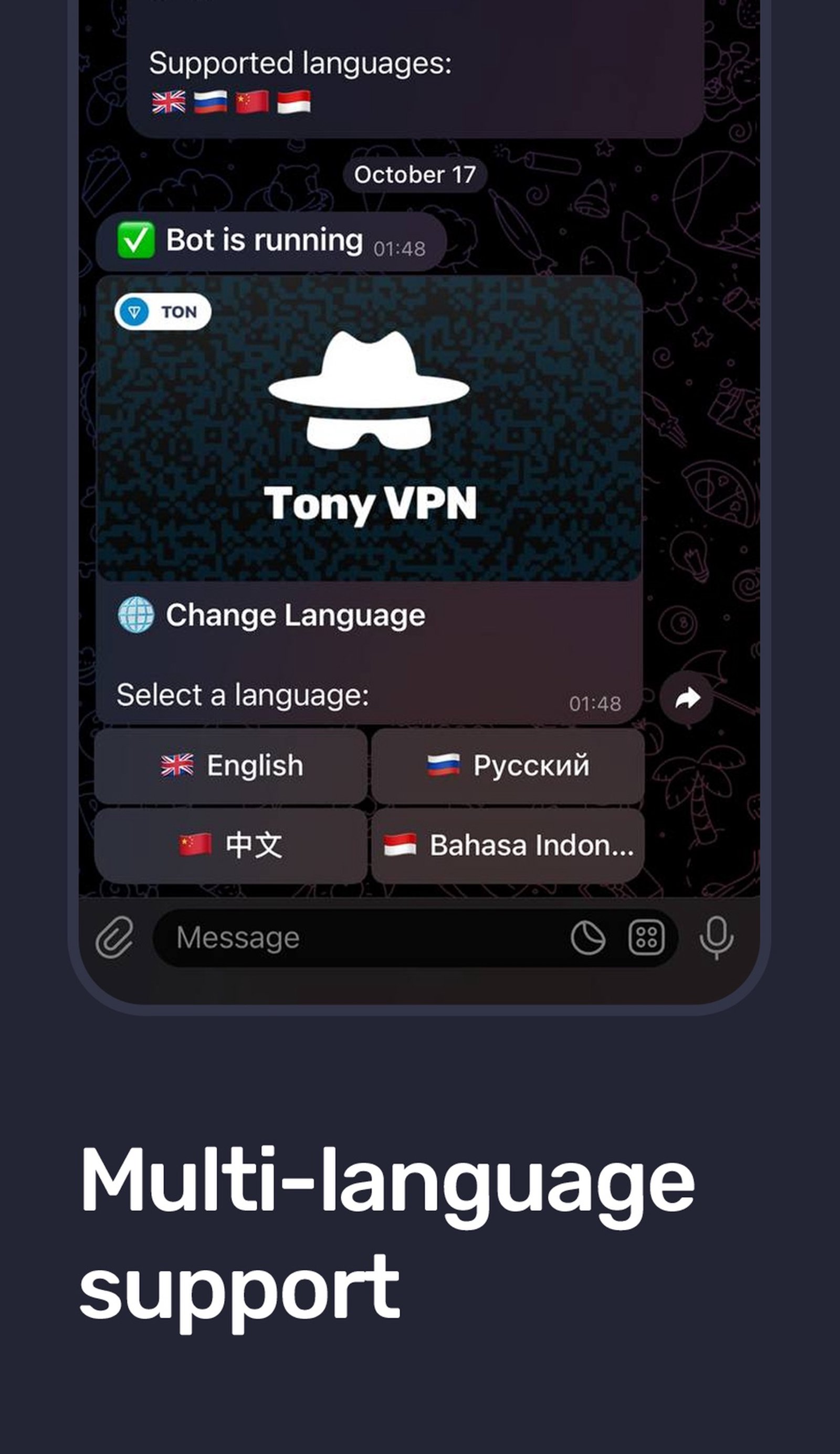 Tony VPN в Телеграм — скриншот 5