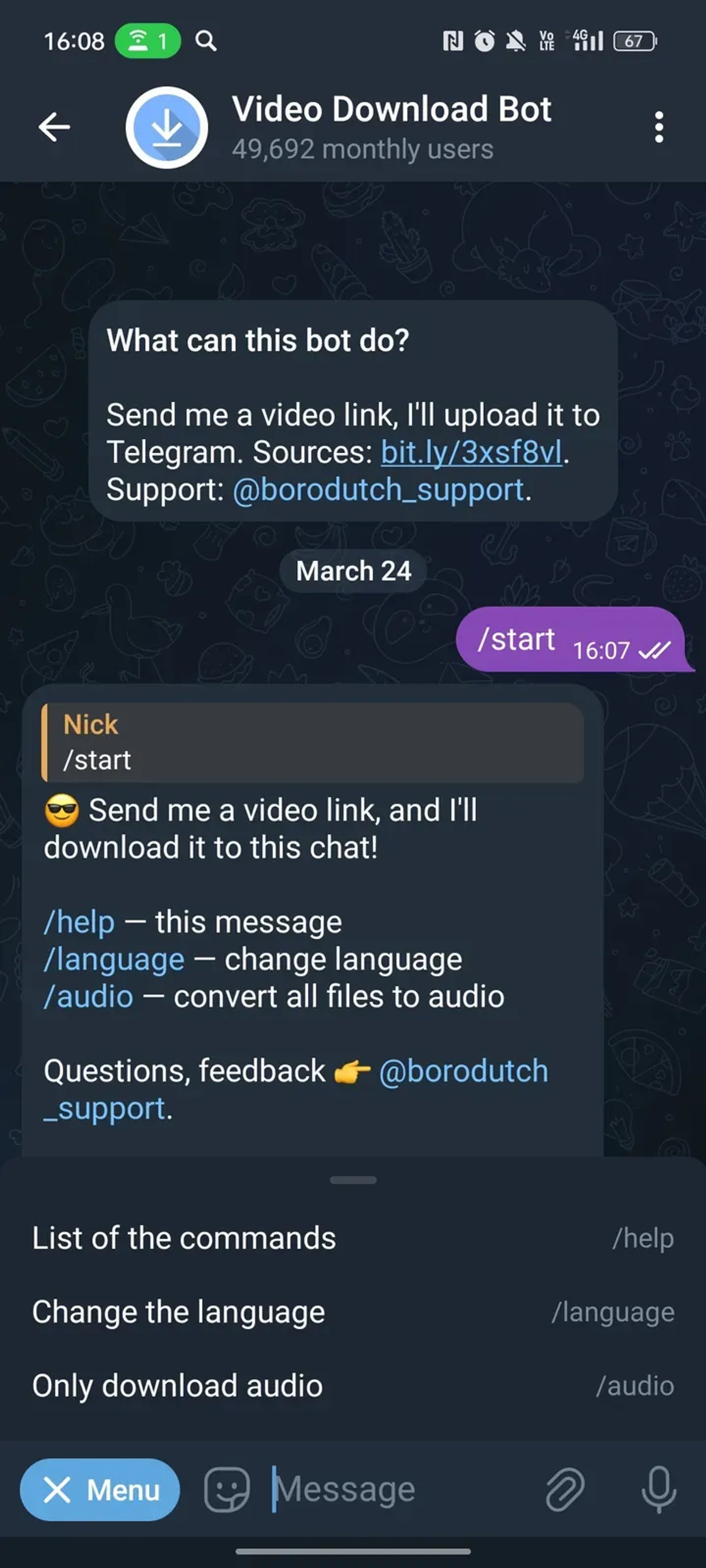 Video Download Bot в Телеграм — скриншот 2