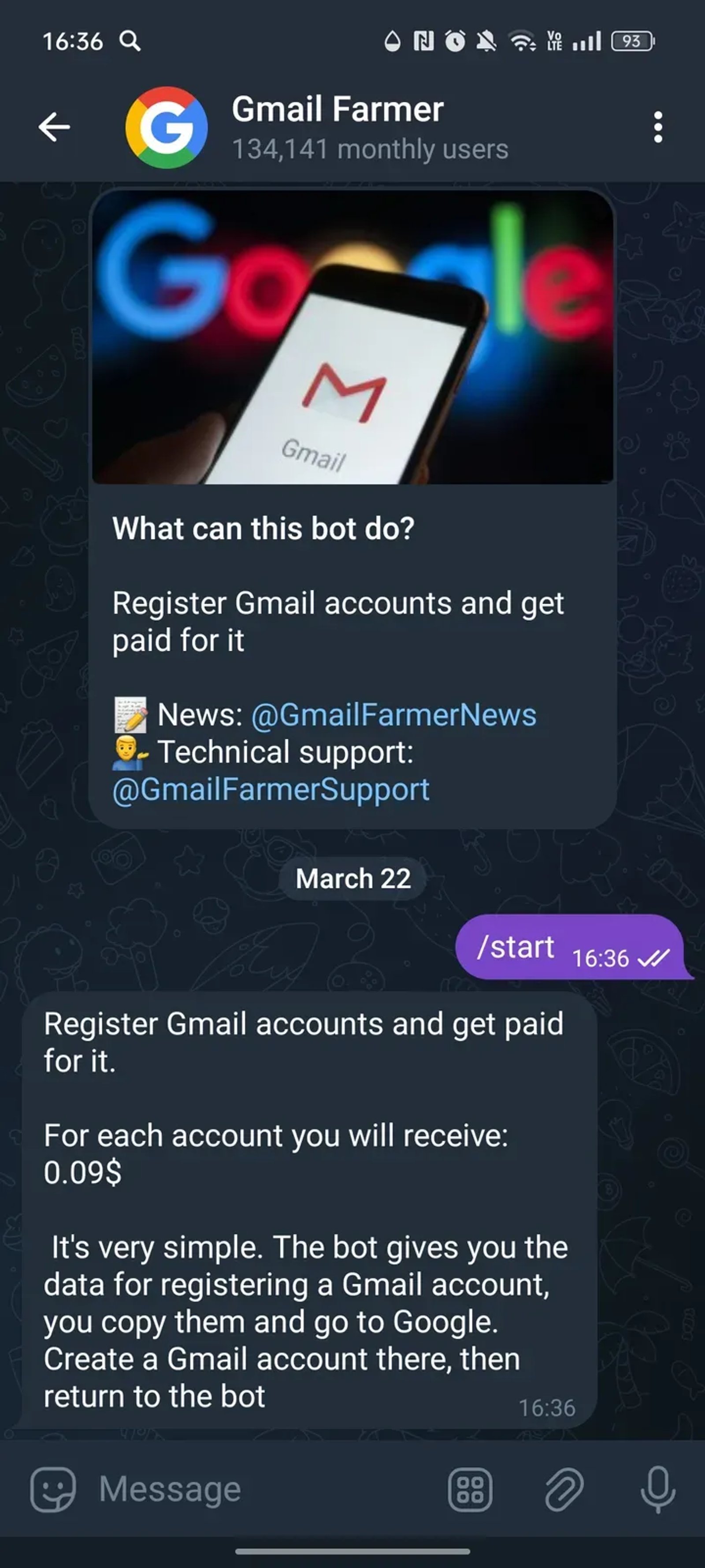 Gmail Farmer в Телеграм — скриншот 1