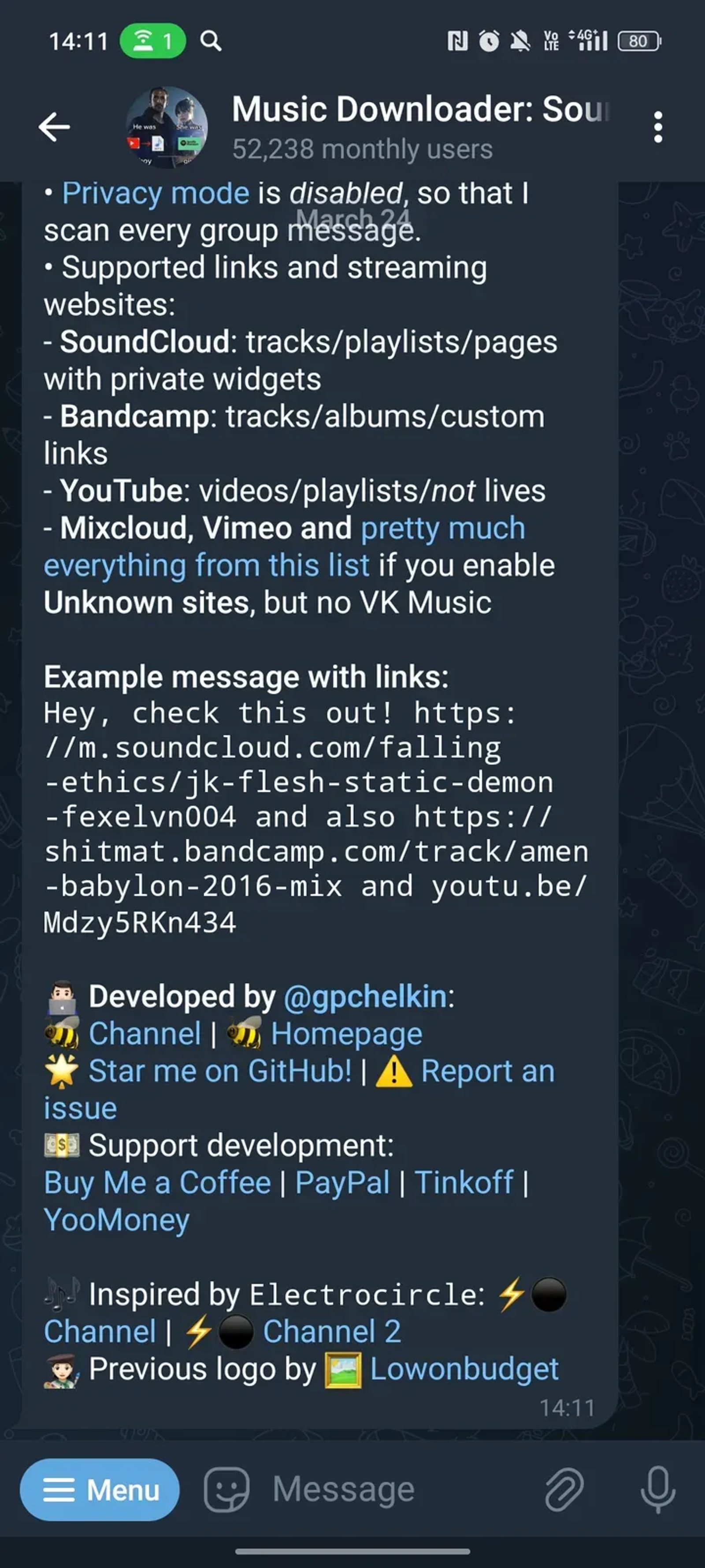 Music Downloader: SoundCloud, Bandcamp, YouTube Audio Download в Телеграм — скриншот 2