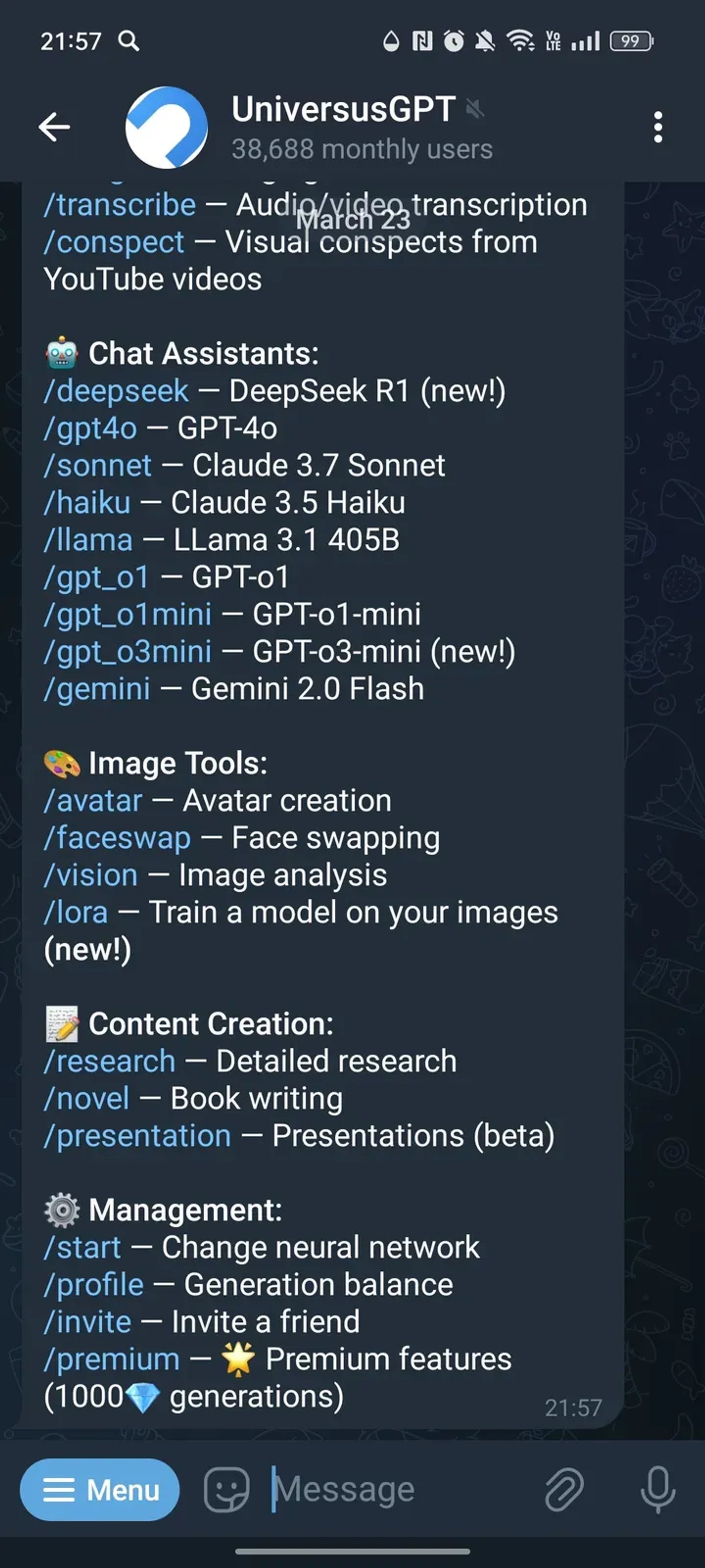 UniversusGPT в Телеграм — скриншот 2