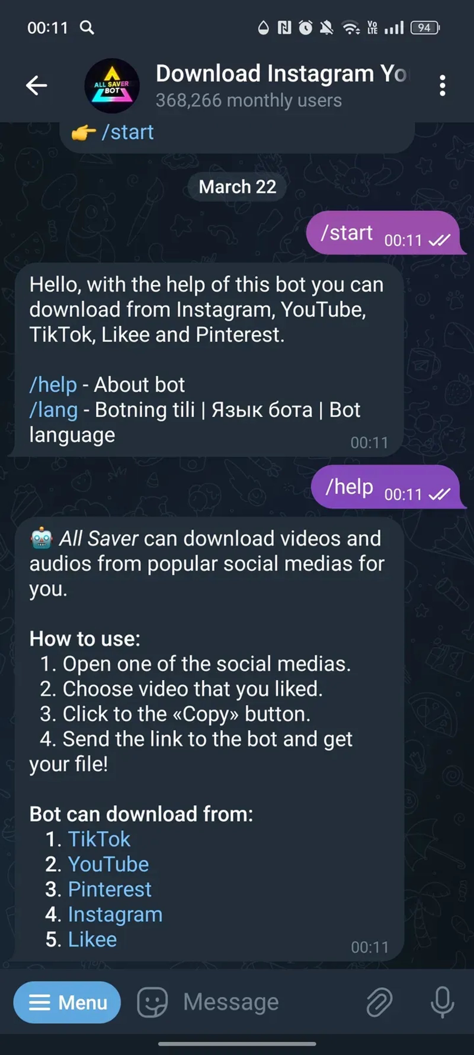 Скачать видео из Instagram TikTok Telegram Screenshot 3