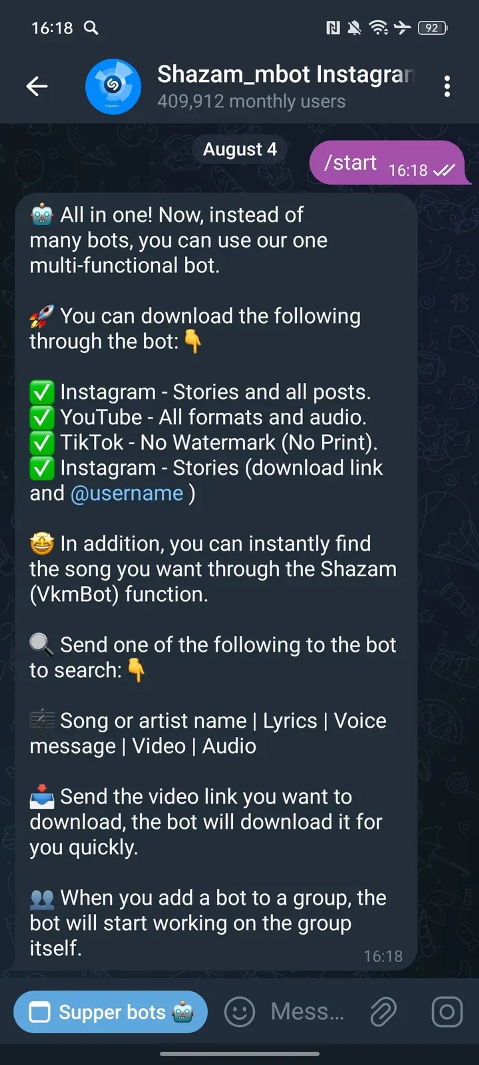Shazam_mbot Instagram musiqalar tiktok в Телеграм — скриншот 2