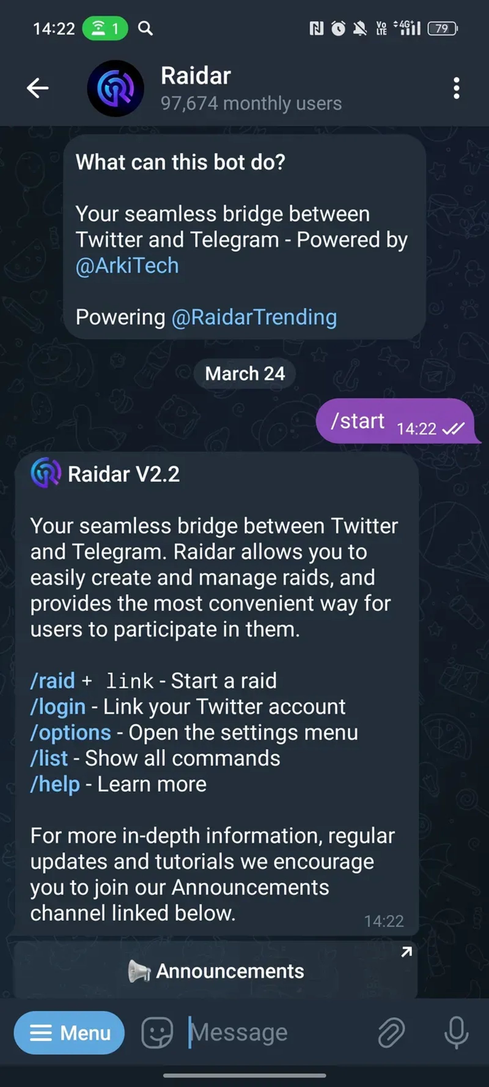 Raidar в Телеграм — скриншот 1
