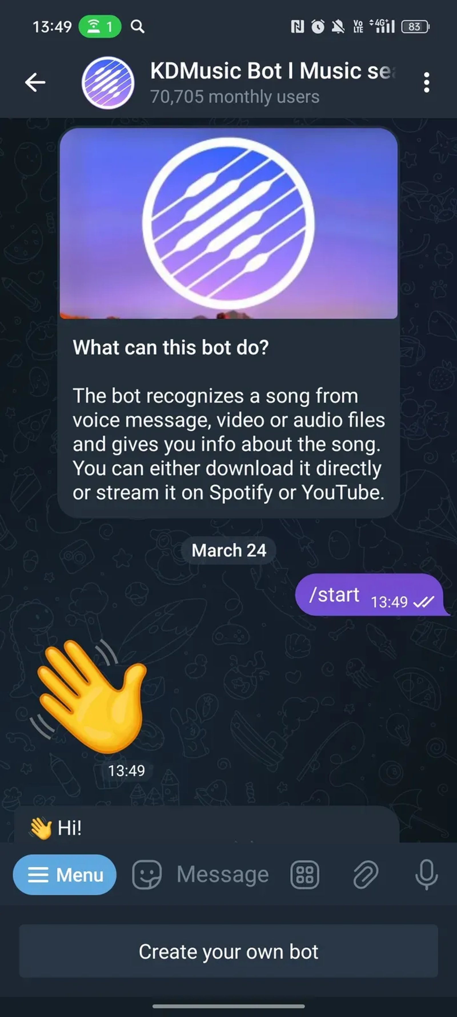 KDMusic Bot I Music search в Телеграм — скриншот 1