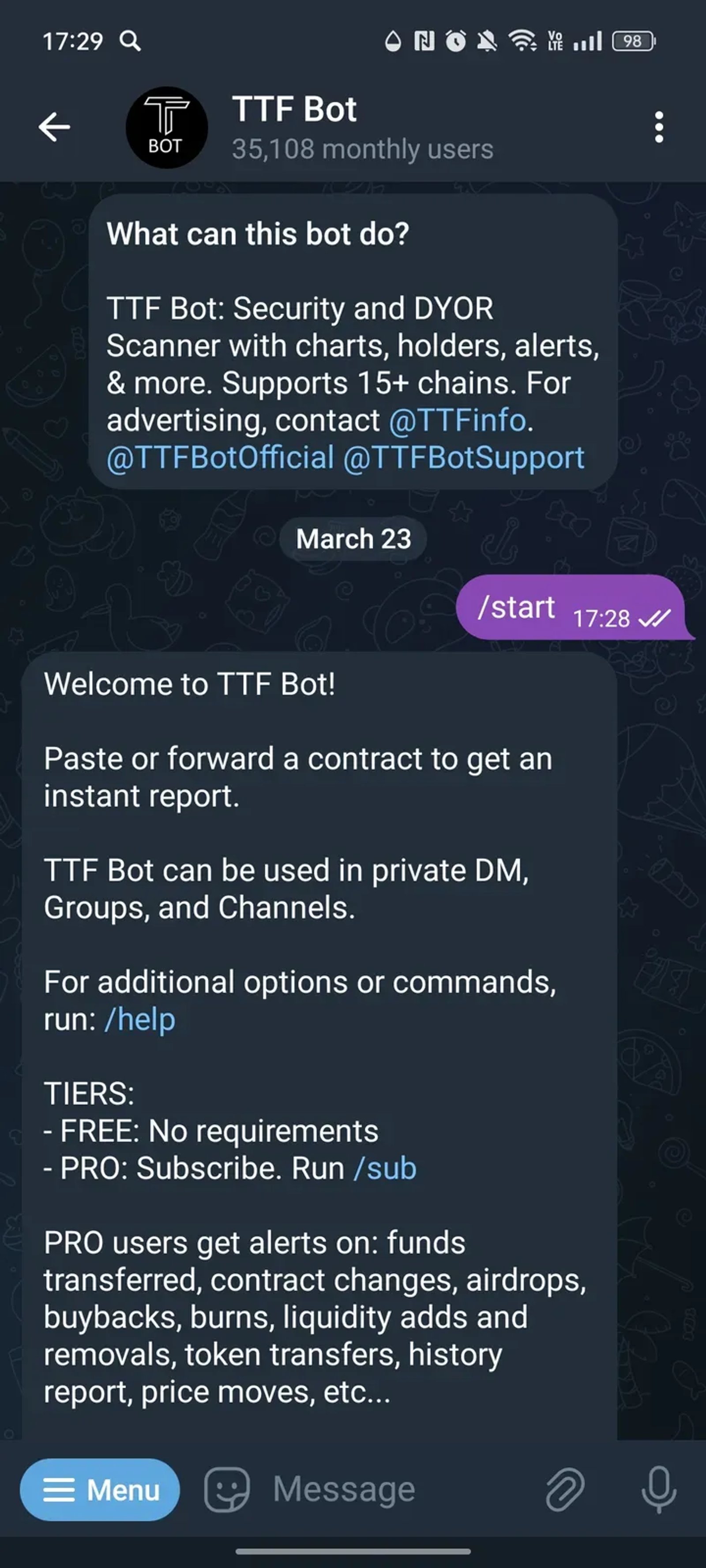 TTF Bot в Телеграм — скриншот 1