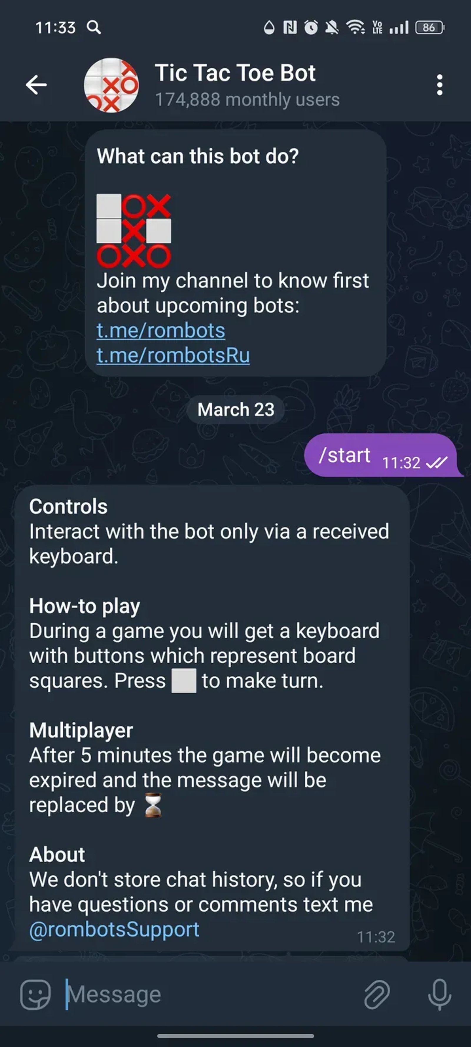 Tic Tac Toe Bot в Телеграм — скриншот 1