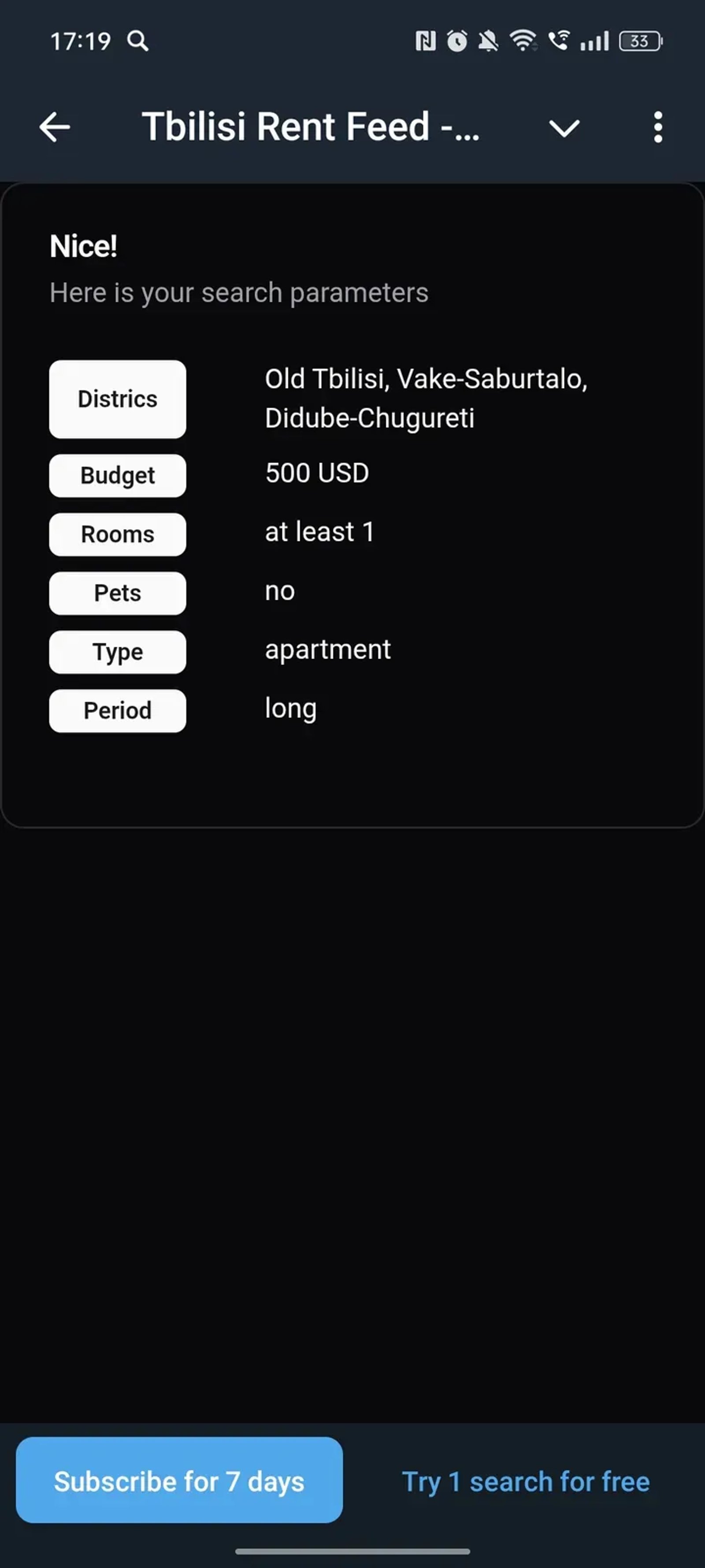 Tbilisi Rent Feed - быстрый поиск в Телеграм — скриншот 2