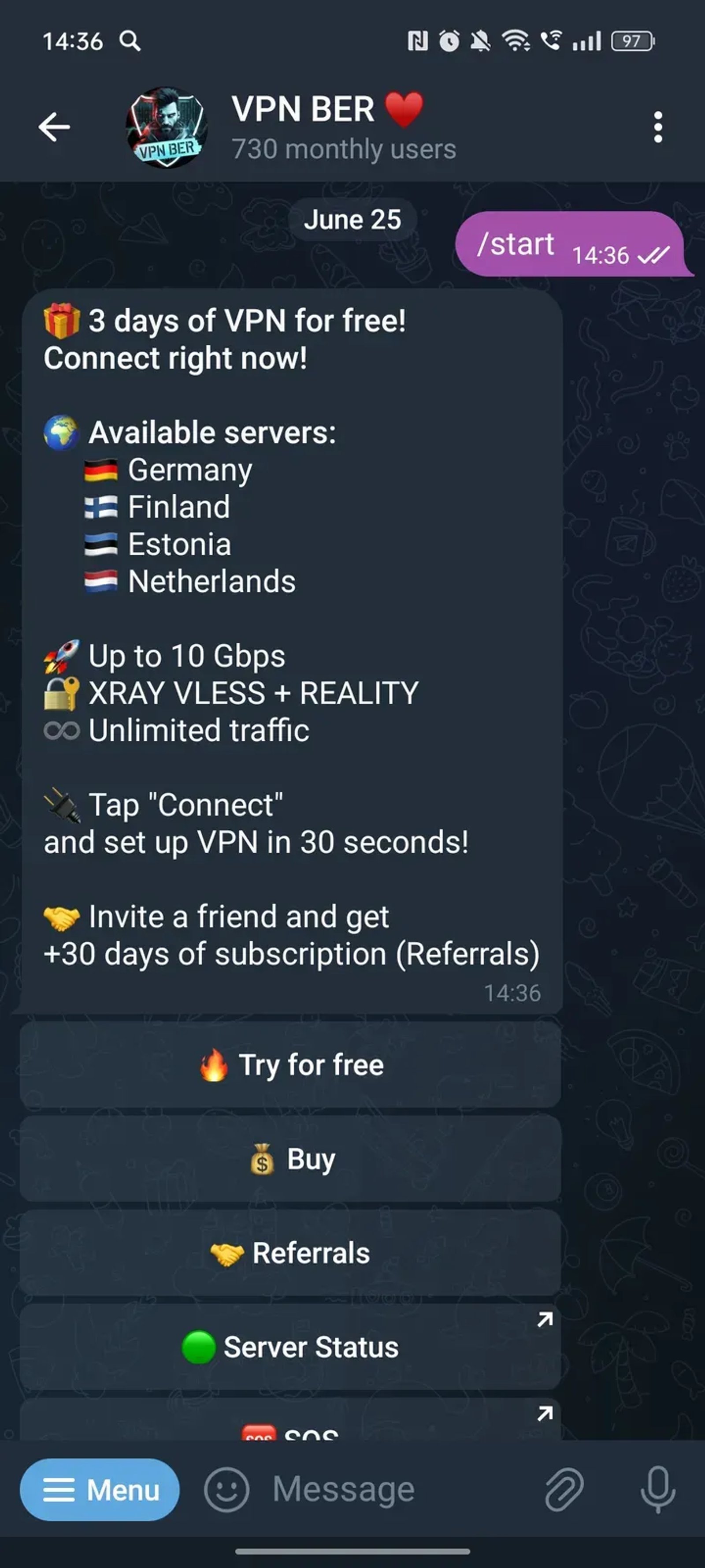 VPN BER ♥️ в Телеграм — скриншот 2