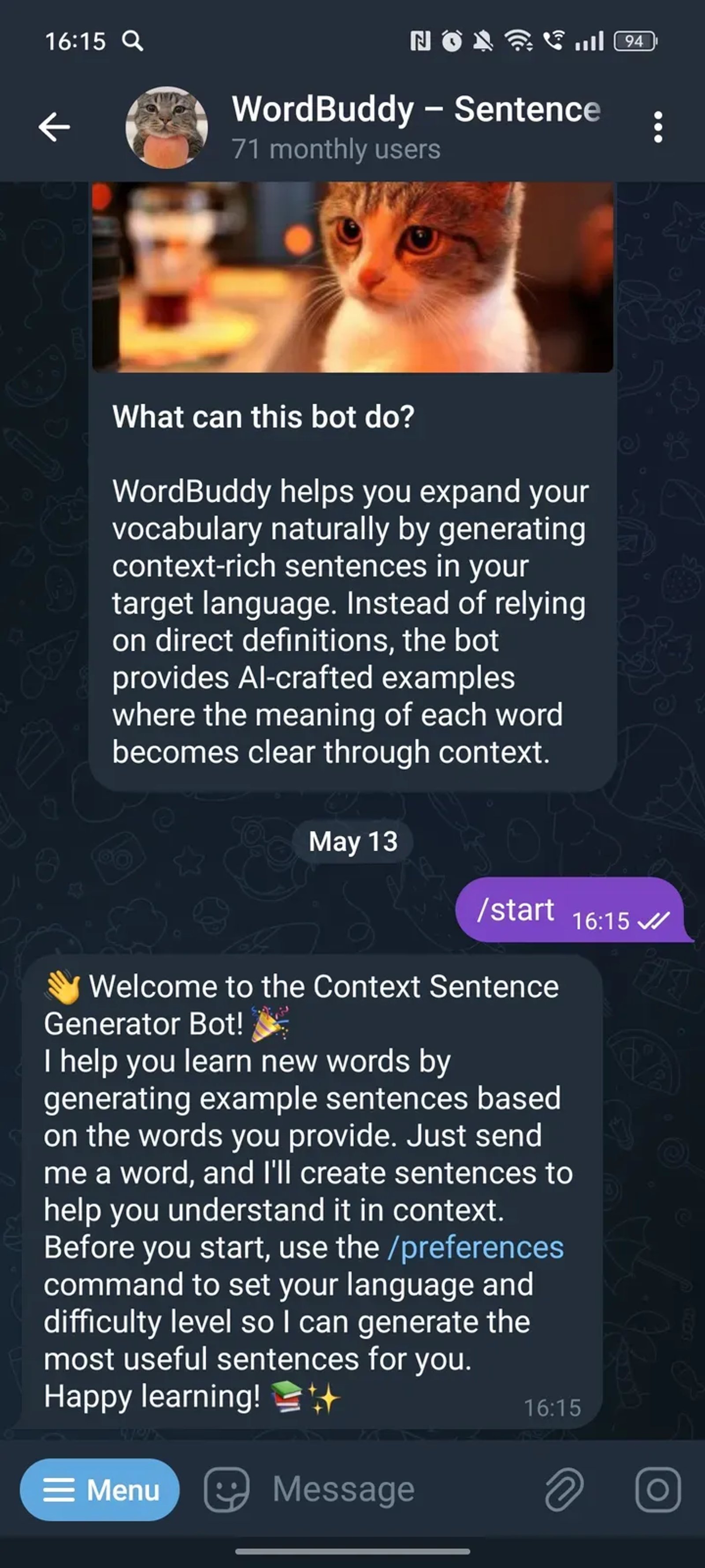 Sentence Generator в Телеграм — скриншот 2