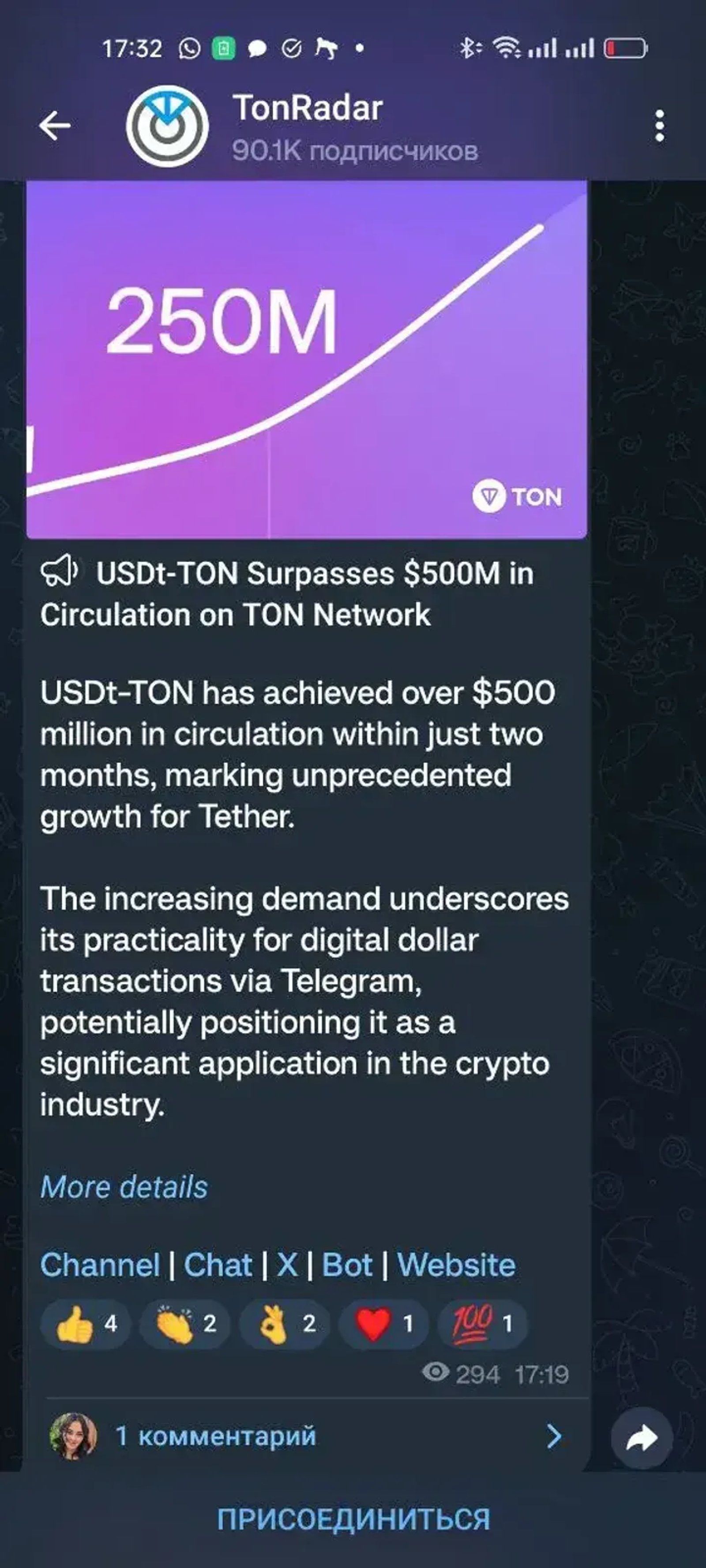 TonRadarBot в Телеграм — скриншот 1