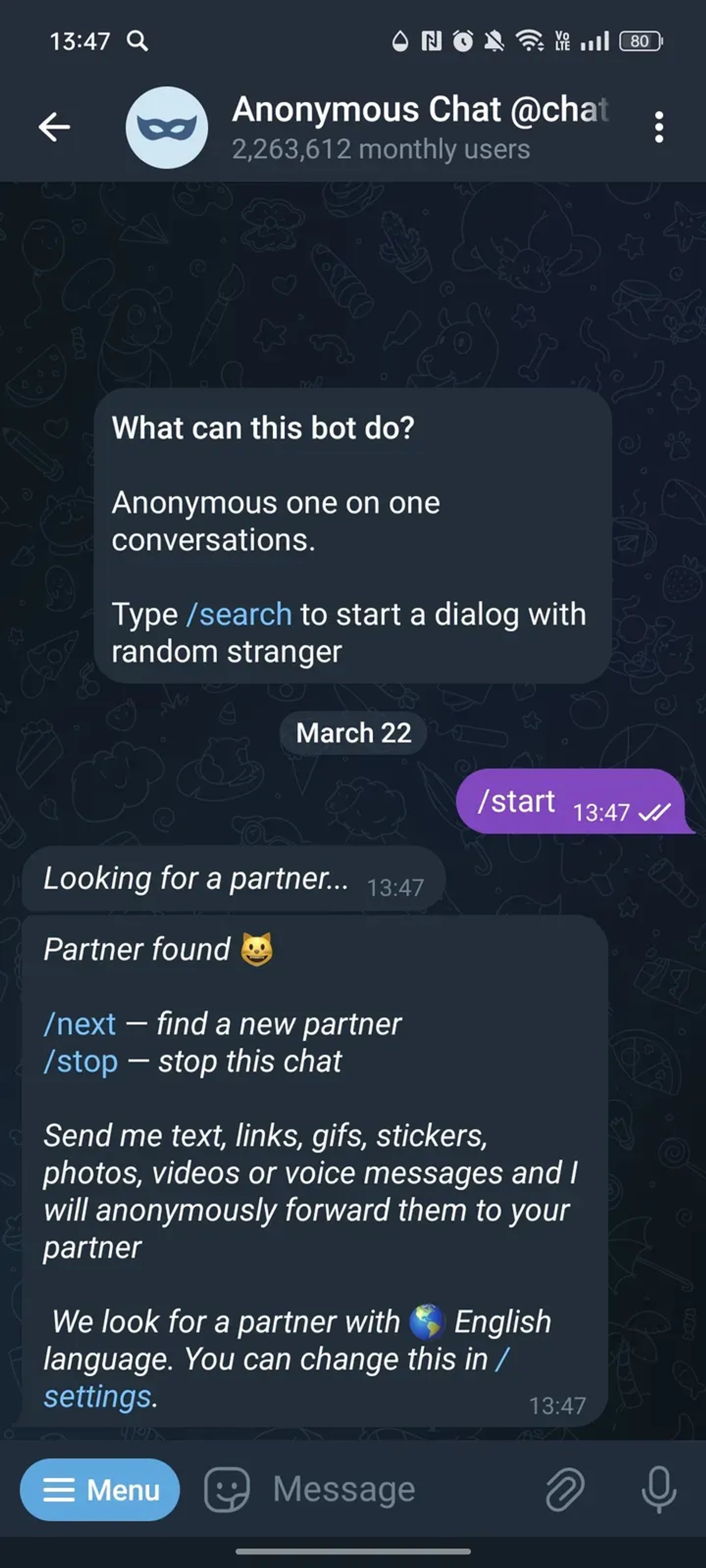 Anonymous Chat @chatbot в Телеграм — скриншот 1